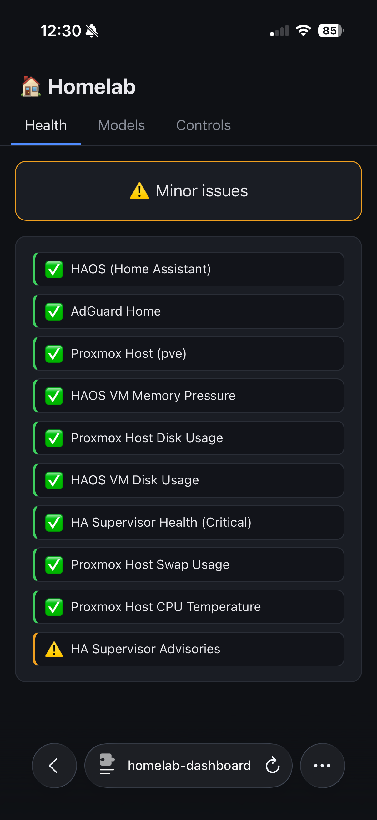 Homelab dashboard Health tab showing status chips for HAOS, AdGuard Home, and the Proxmox host