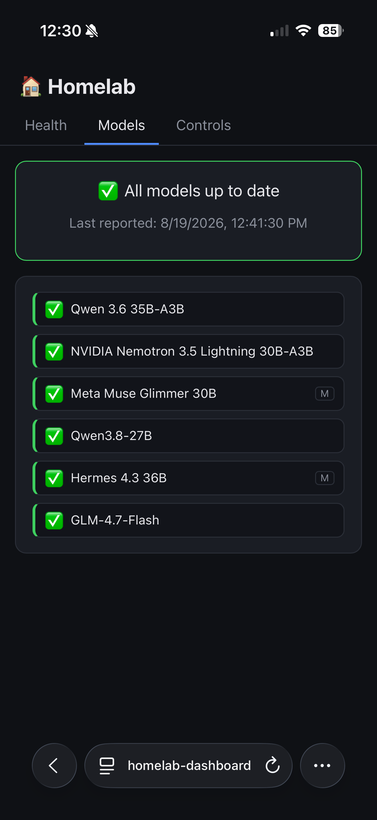 Homelab dashboard Models tab showing all local models reported up to date