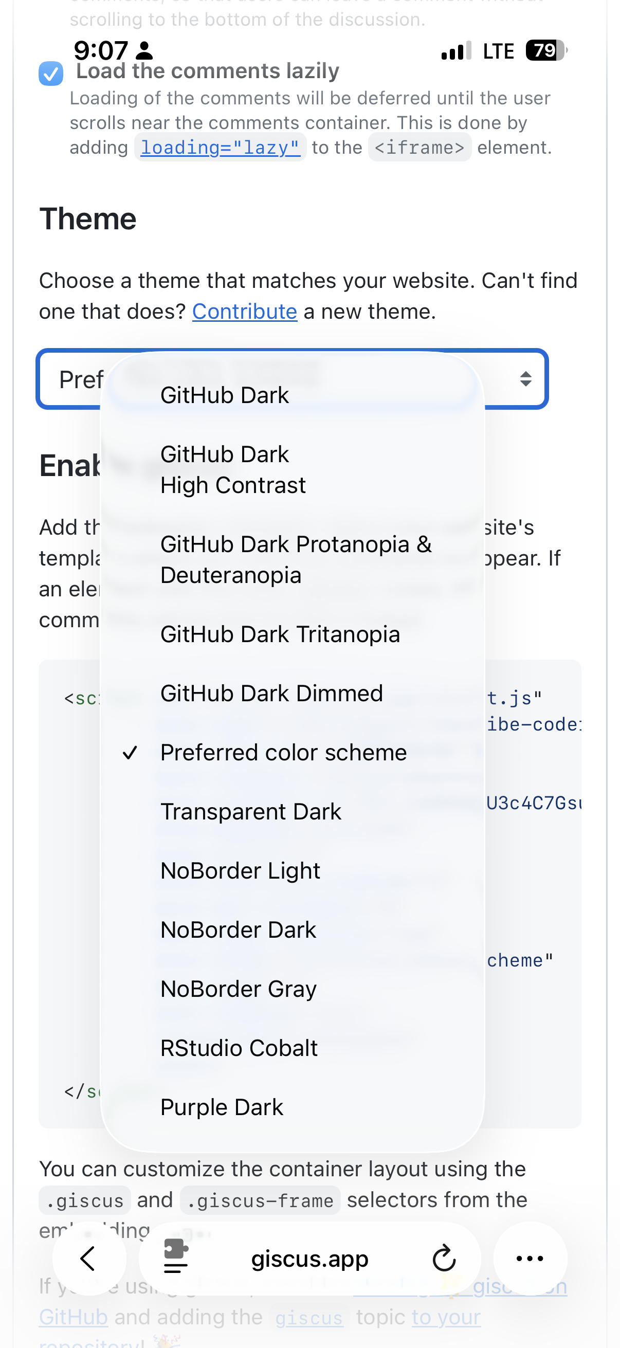 Giscus theme dropdown showing available theme options