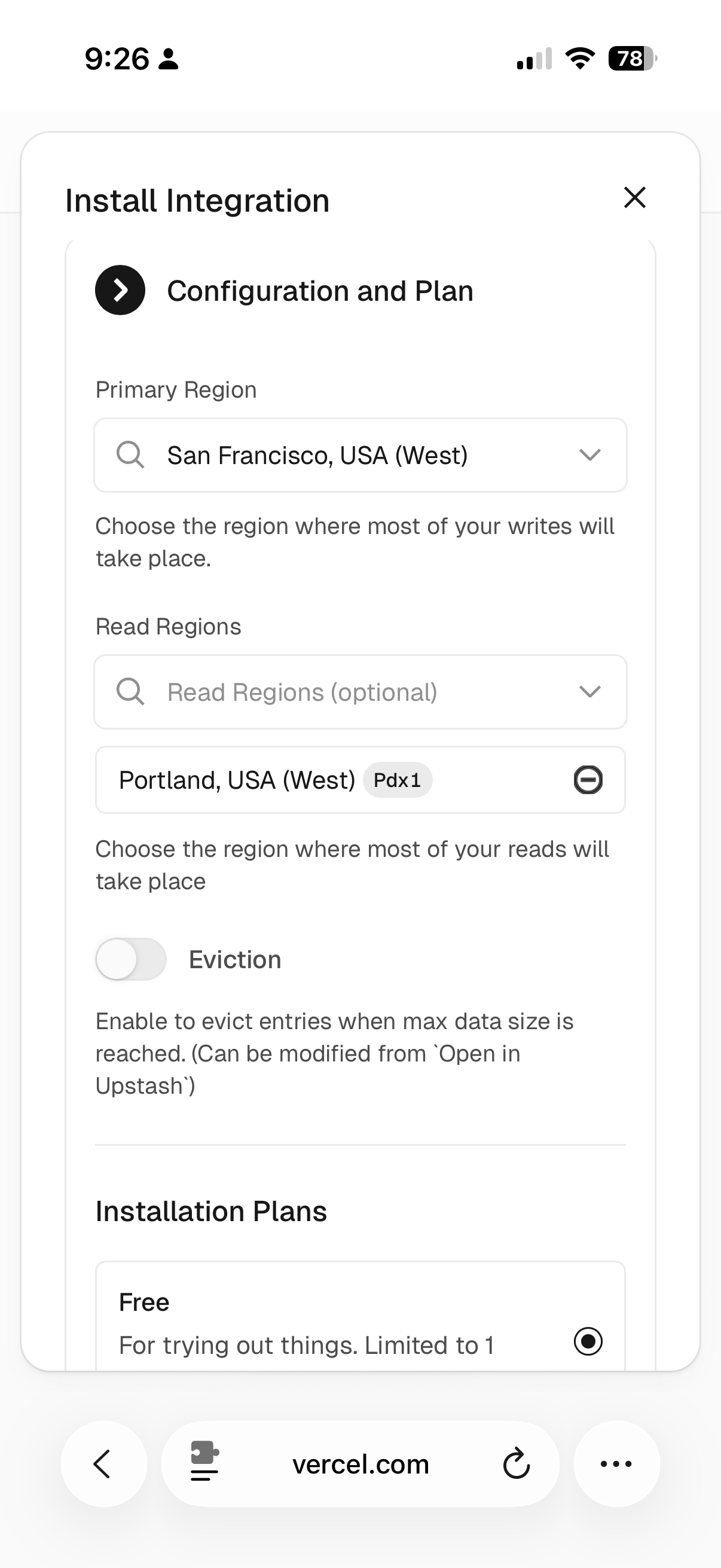 Upstash Redis configuration — region, plan, eviction settings