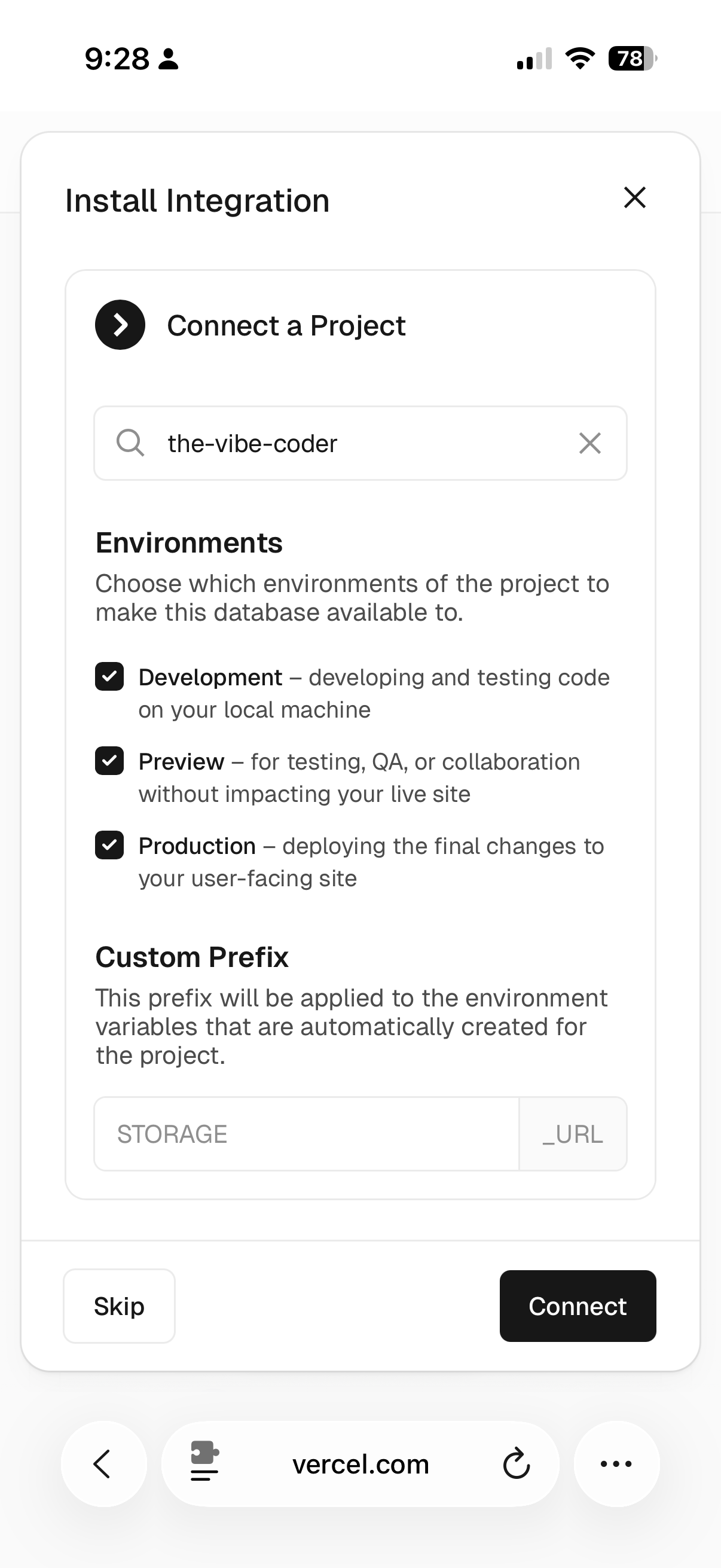 Connecting Upstash to the Vercel project with environment prefix settings