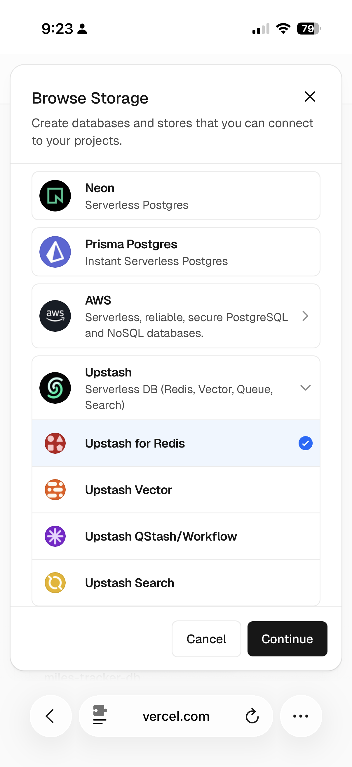 Vercel storage picker with Upstash for Redis selected