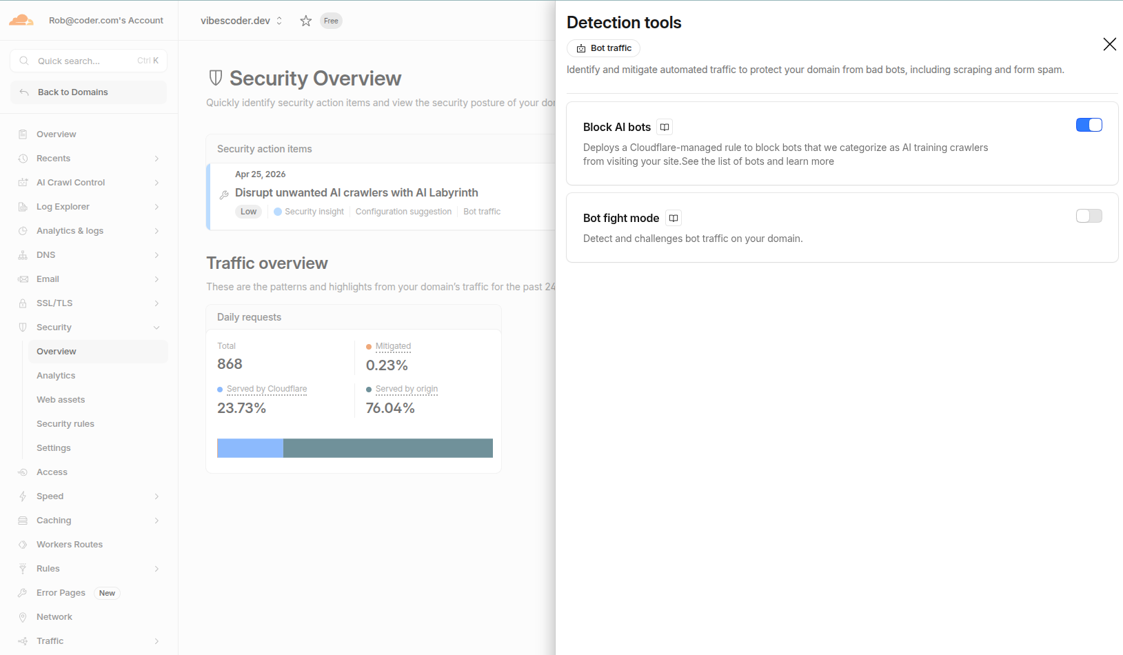 Cloudflare Block AI bots toggle in the security settings