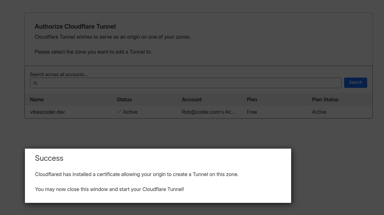 Cloudflared certificate installation success page