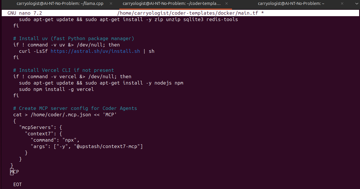 Nano editor showing main.tf with MCP server configuration