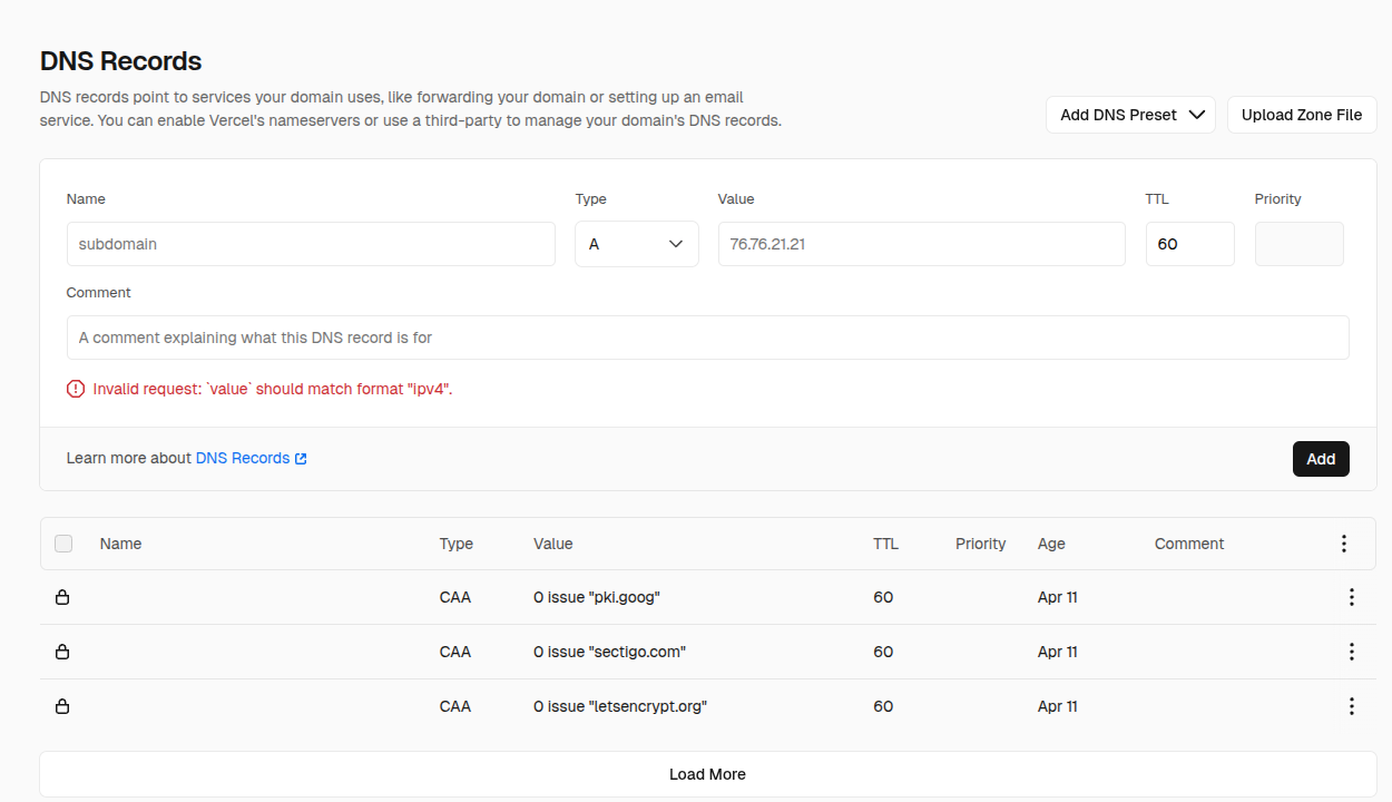 Vercel DNS form showing "value should match format ipv4" error when trying to add a CNAME record