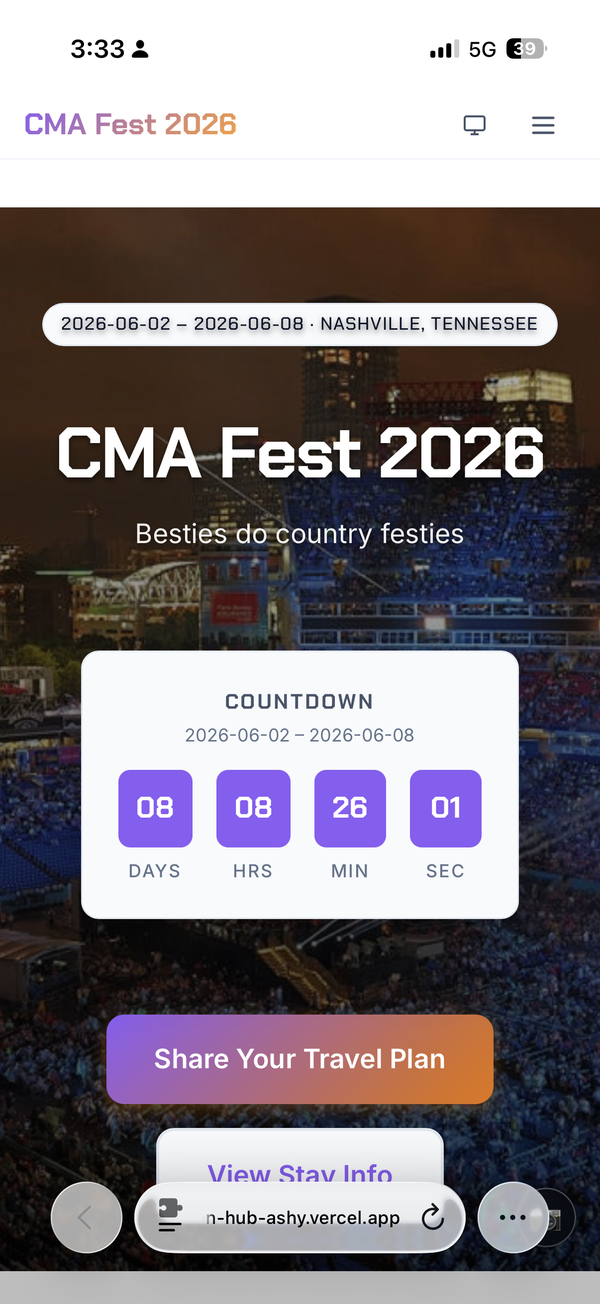 CMA Fest 2026 Nashville homepage with countdown and custom branding