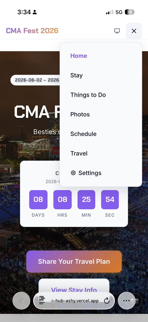 CMA Fest site navigation showing all pages — Stay, Things to Do, Photos, Schedule, Travel, Settings