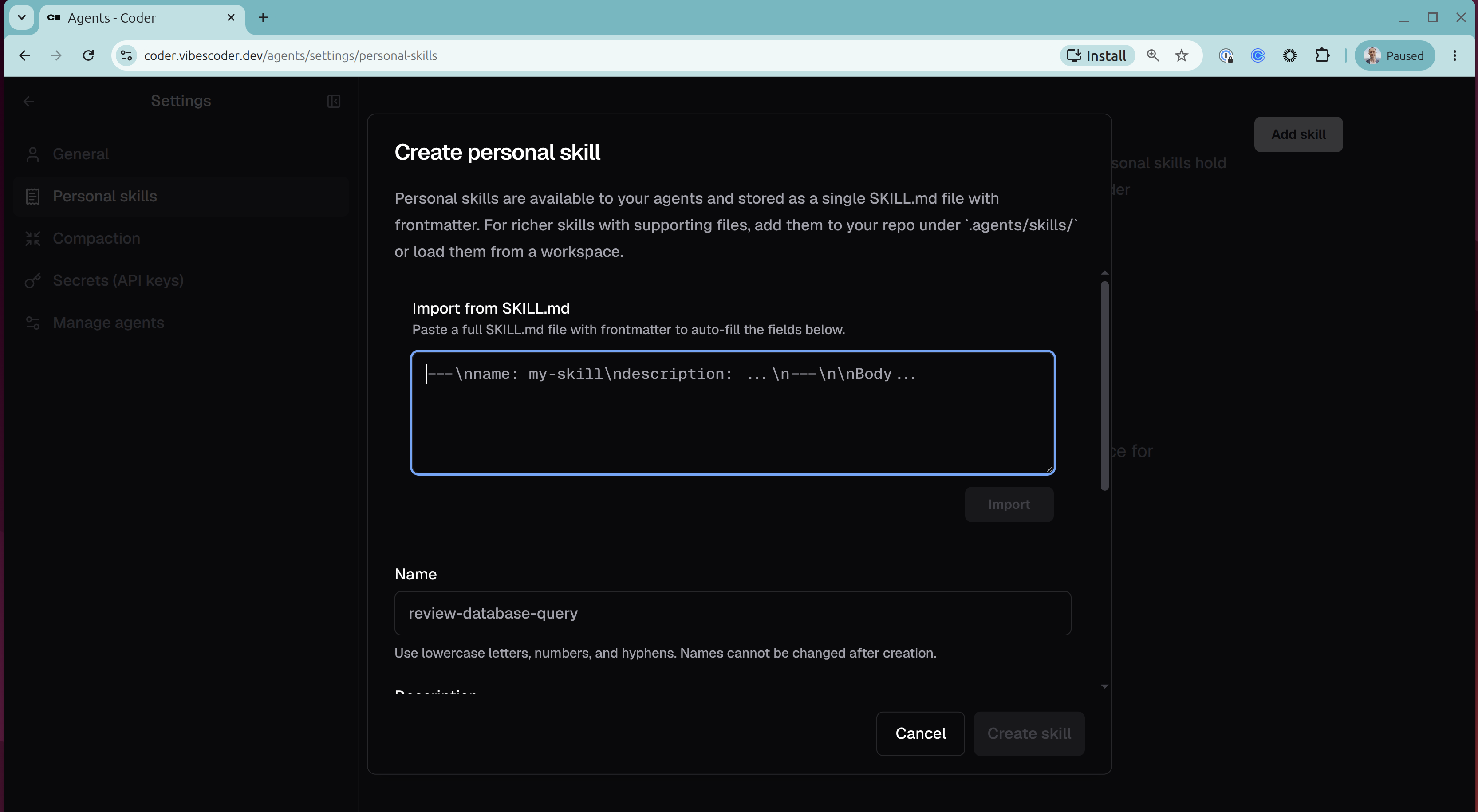 Create personal skill dialog with Import from SKILL.md paste box