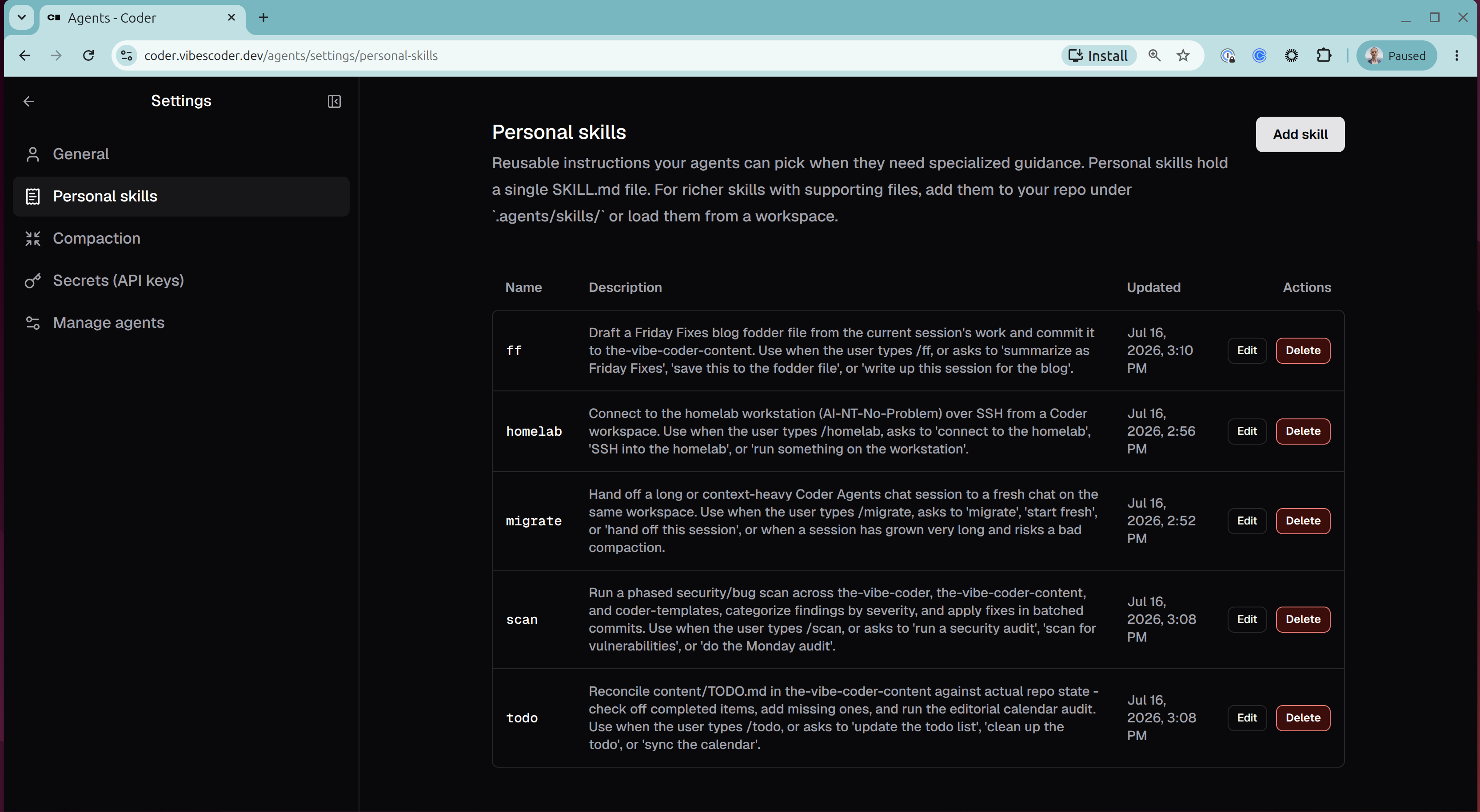 All five personal skills listed in the Coder Agents Settings UI: ff, homelab, migrate, scan, todo