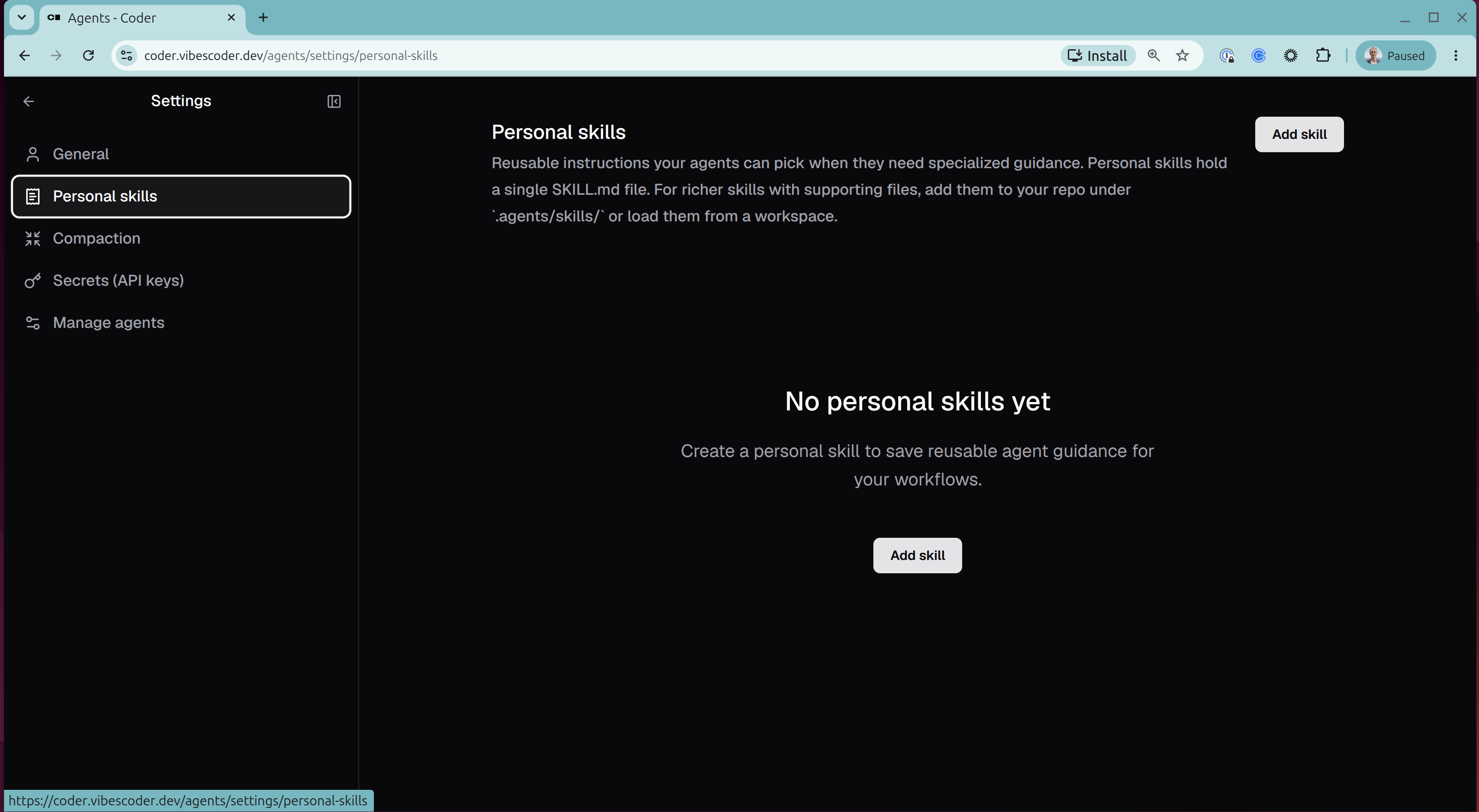 Empty Personal Skills page in the Coder Agents Settings UI