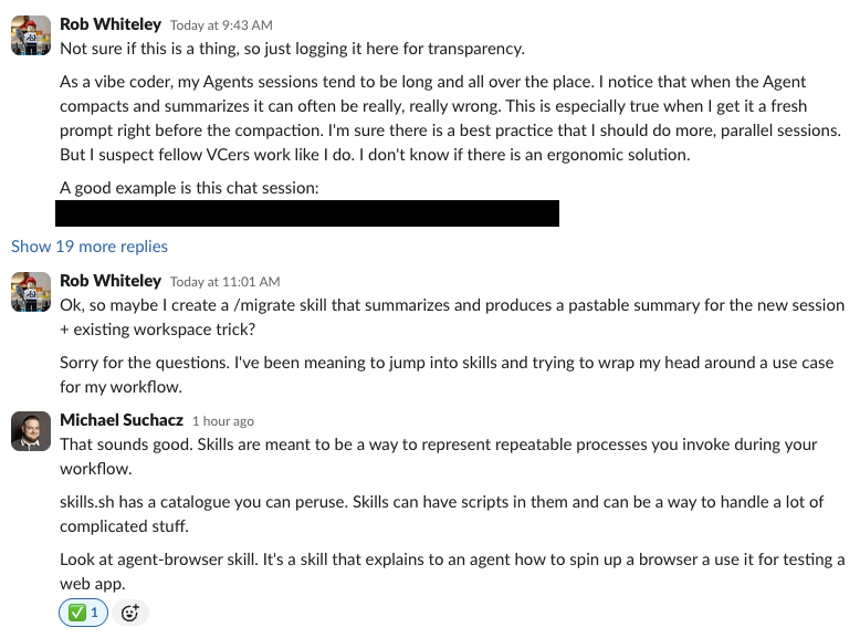 Slack conversation with Mike: the origin of the idea to build /skills in Coder Agents