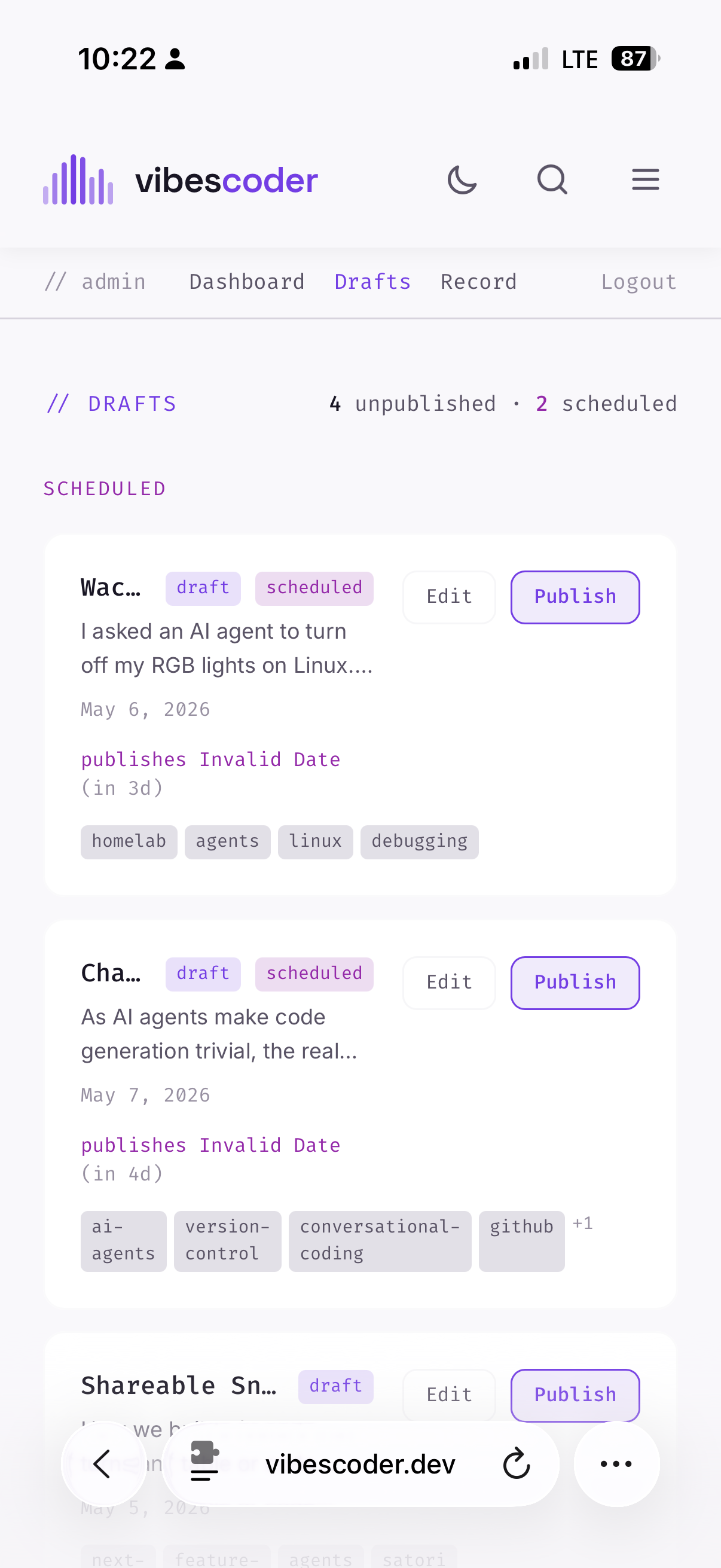 Draft preview page showing the new admin pillbox with Type Edits and Record Edits buttons