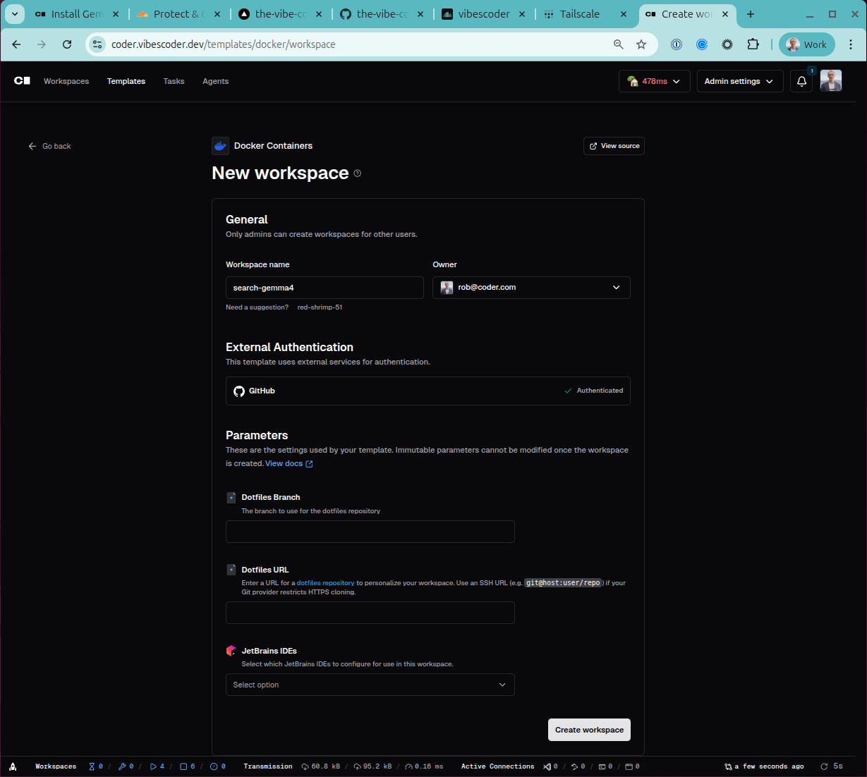 Creating the search-gemma4 workspace in Coder