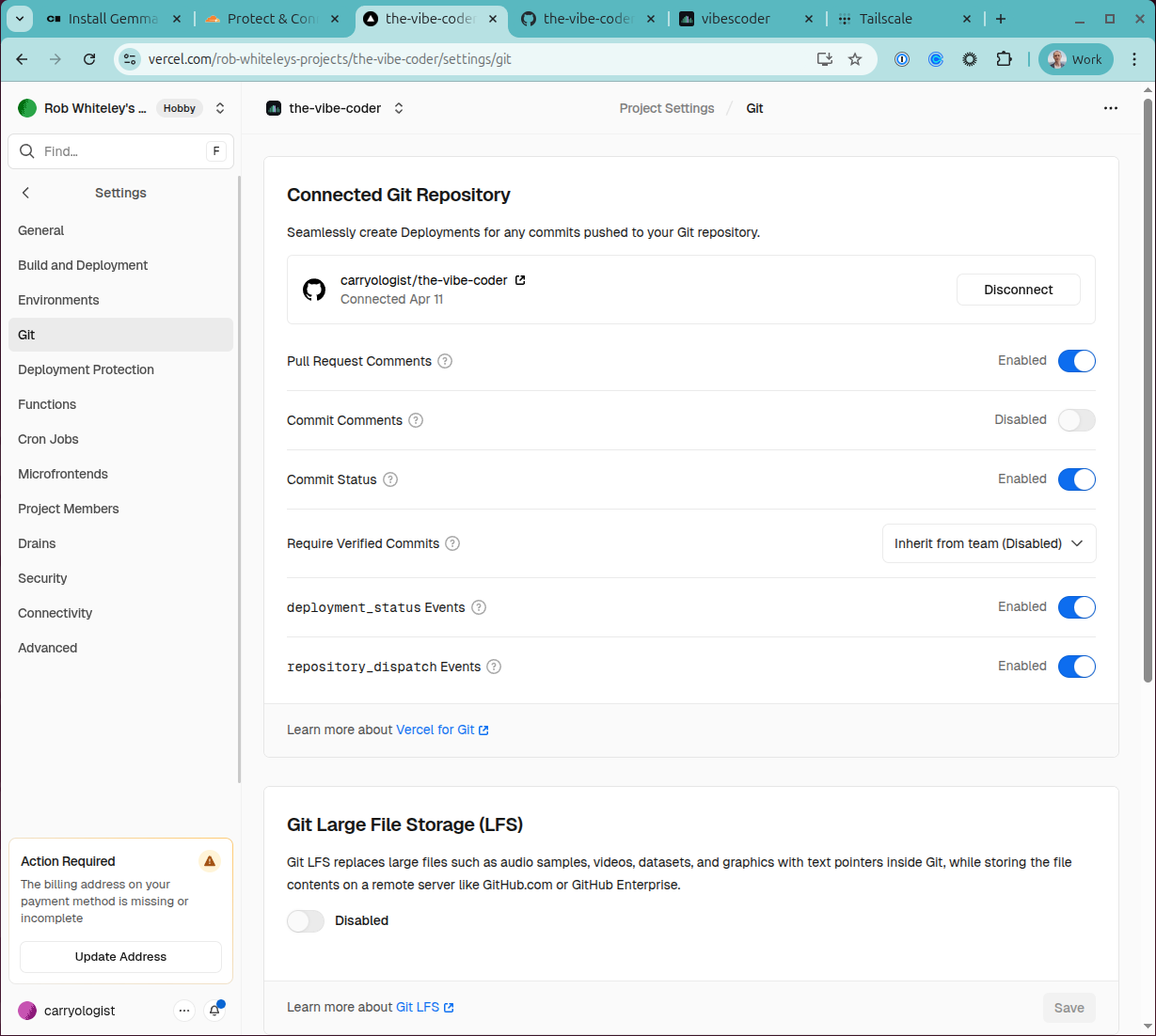Vercel Git settings showing auto-deploy enabled
