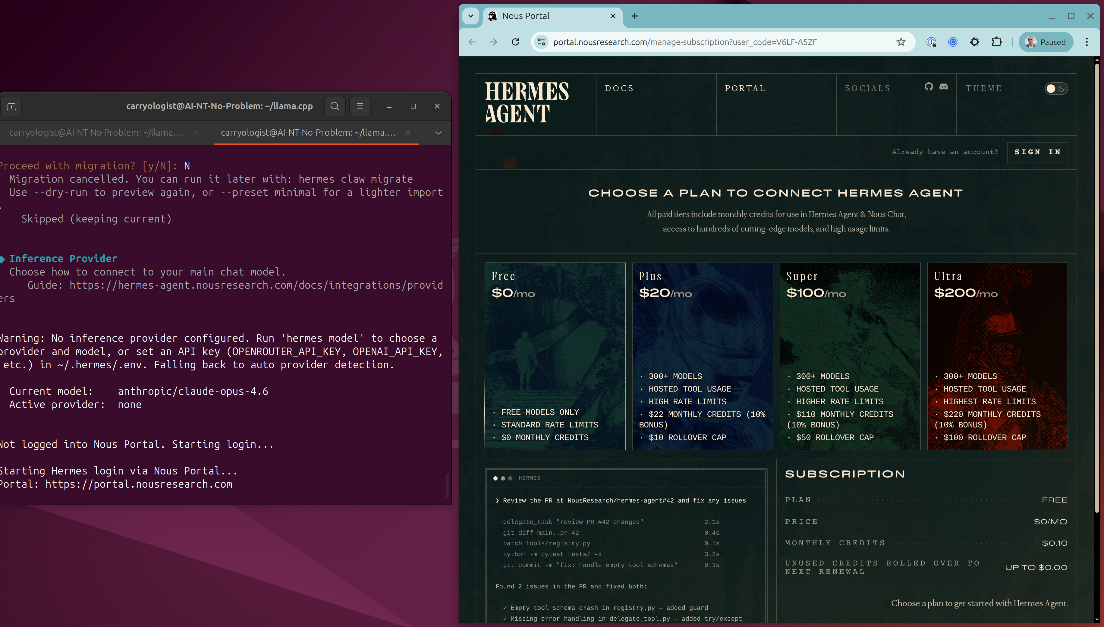 The Nous Portal pricing page that opens unbidden during setup