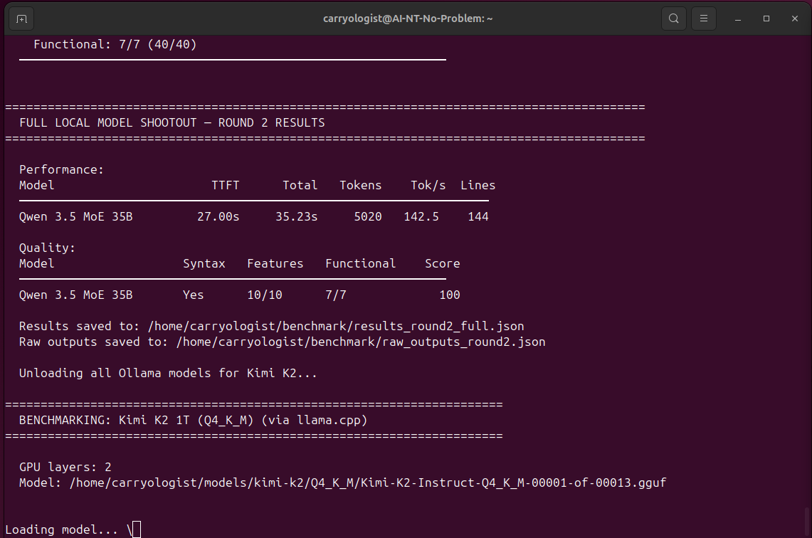 Terminal output showing Qwen benchmark results completing and Kimi K2 benchmark starting