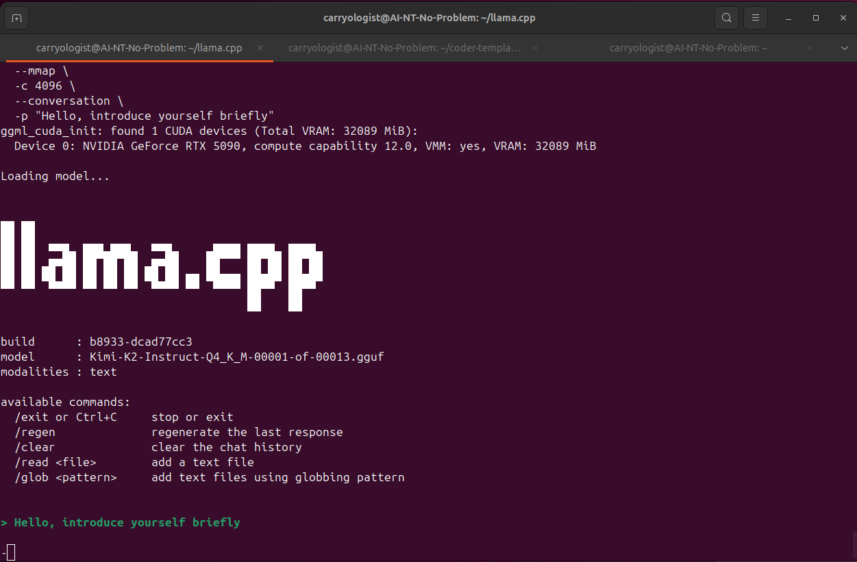 Terminal showing llama-cli loading Kimi K2 with conversation flag and dropping into interactive prompt
