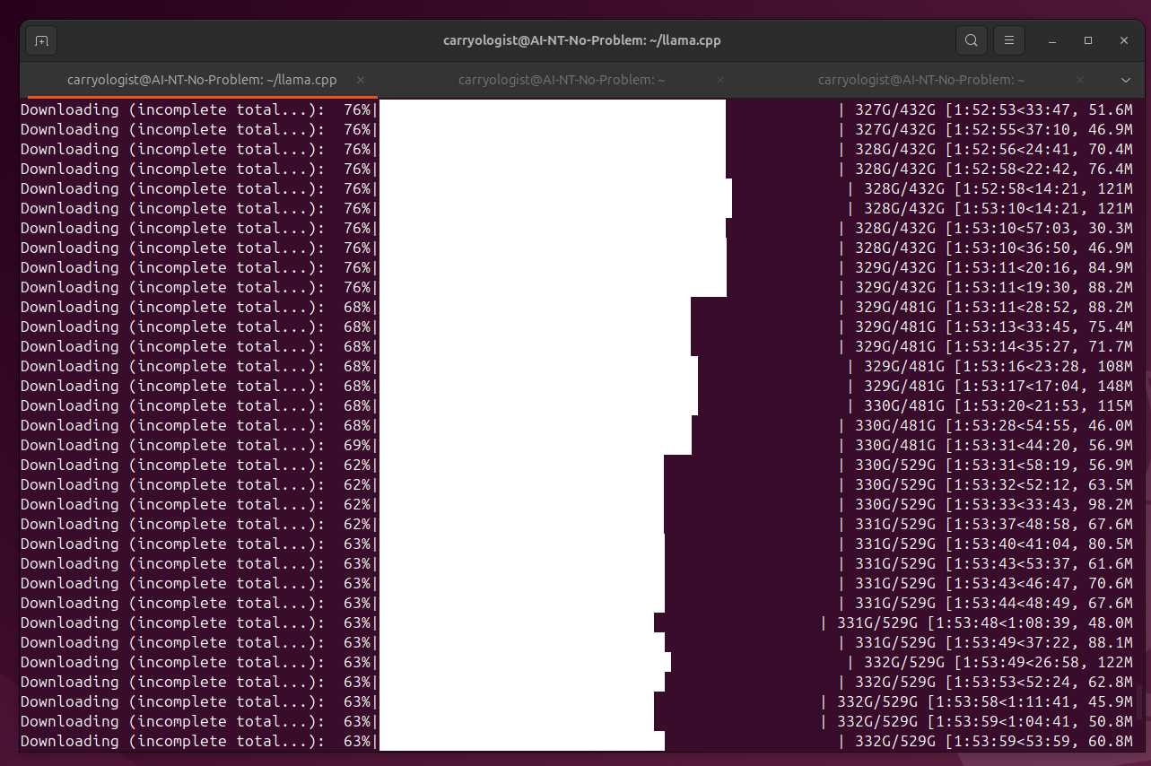 Terminal showing Kimi K2 download progress at 327 GB of 432 GB with multiple shard progress bars