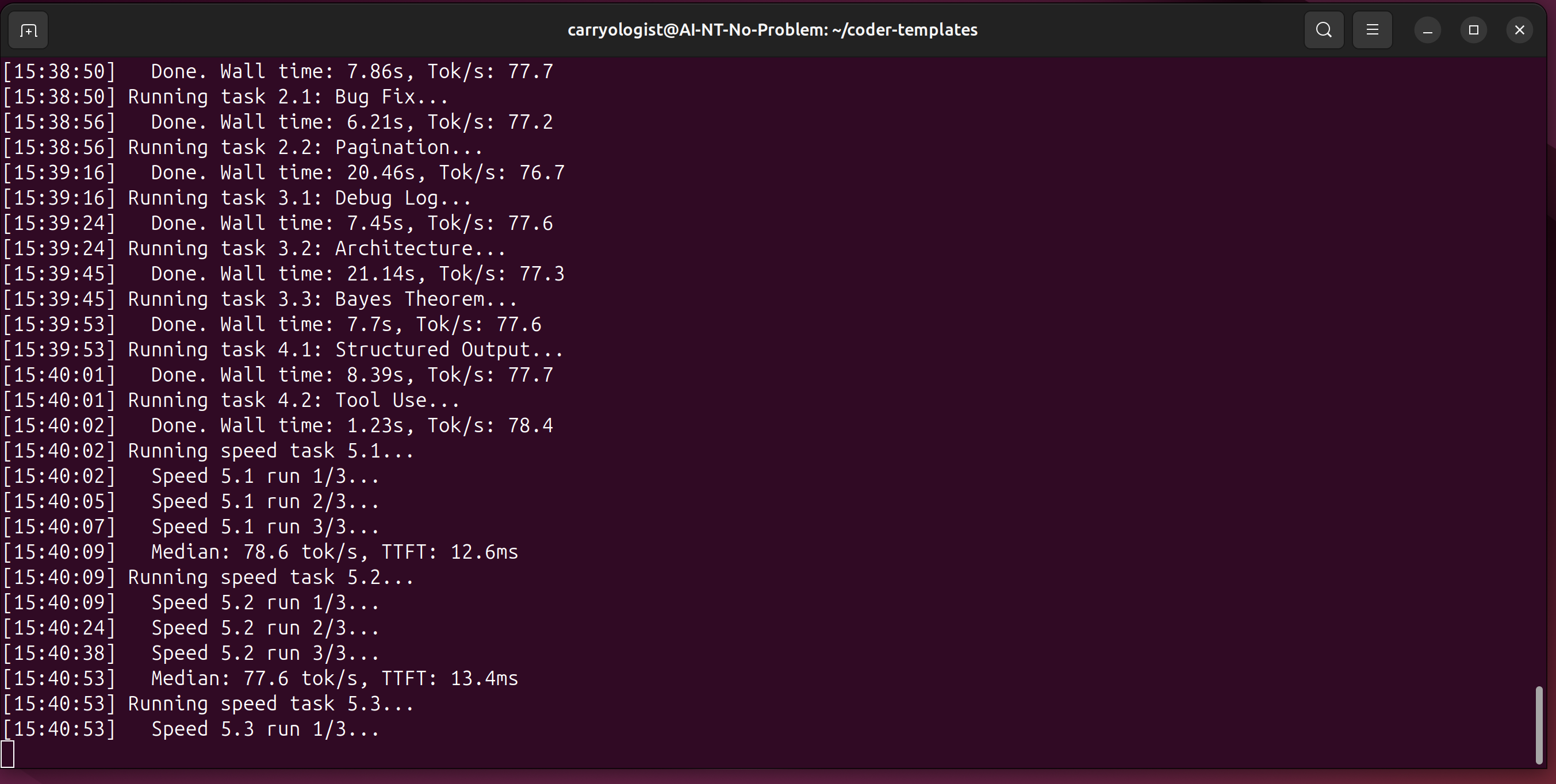 The benchmark suite running against Devstral — 77 tok/s, steady and consistent