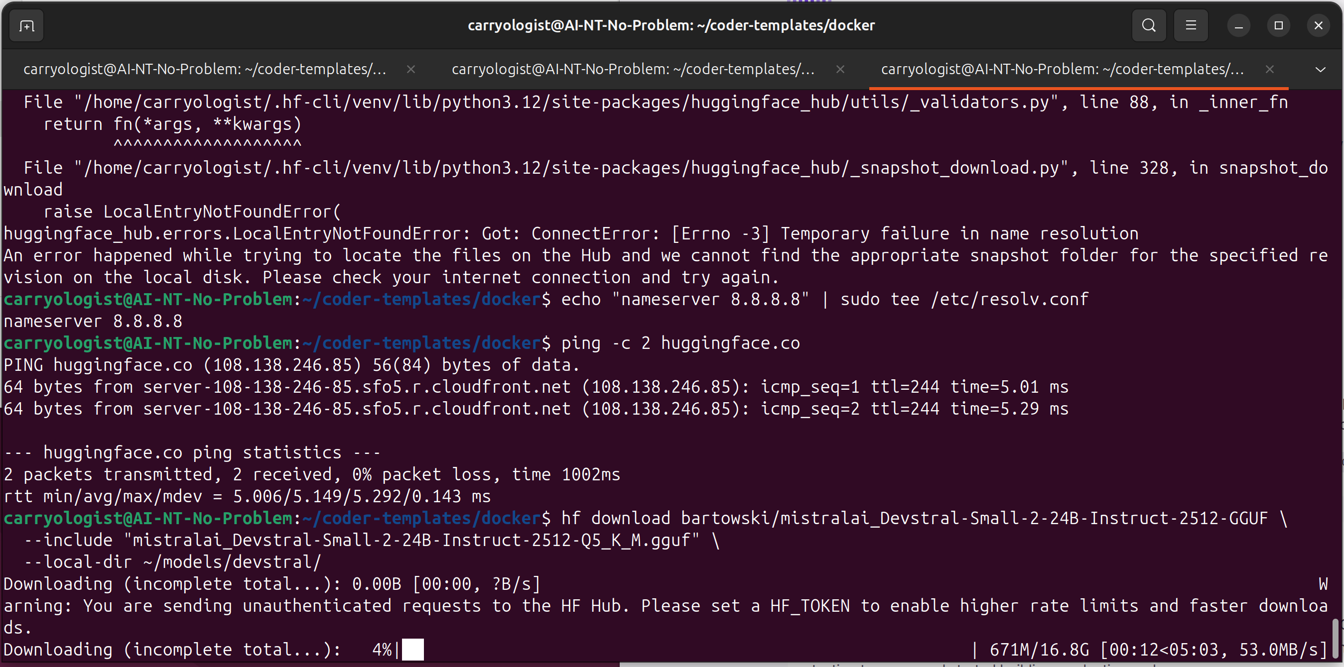 DNS failure mid-download, fixed with manual nameserver, then Devstral resuming