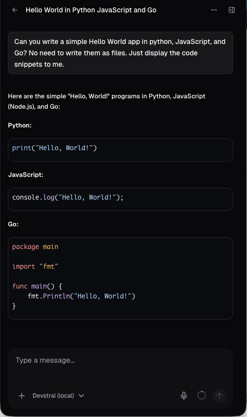 Devstral running a task in Coder Agents, fully local inference