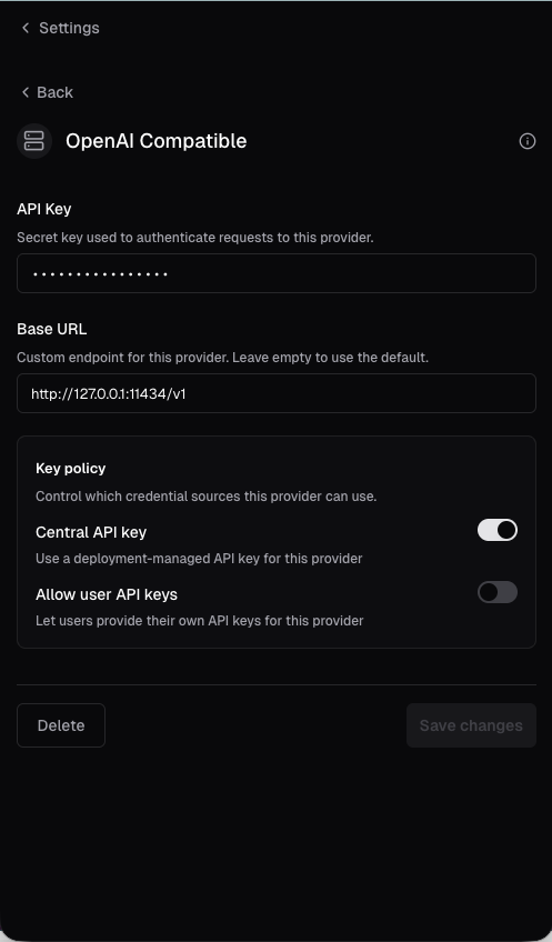 OpenAI Compatible provider configuration in the Coder admin panel, with the base URL set to the local Ollama endpoint