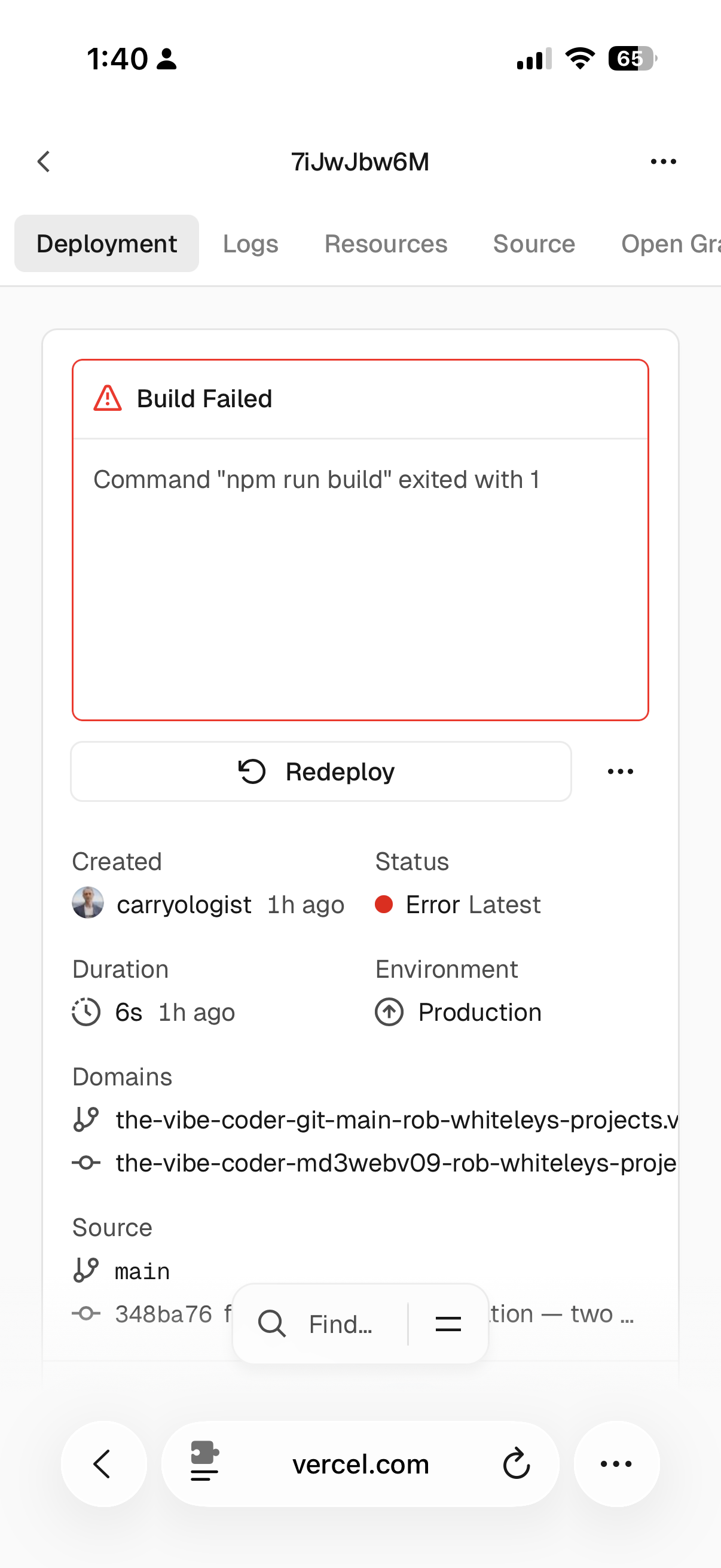 The Vercel dashboard showing a failed deployment with a red error banner, caused by the symlink breaking the mkdir command in the build script