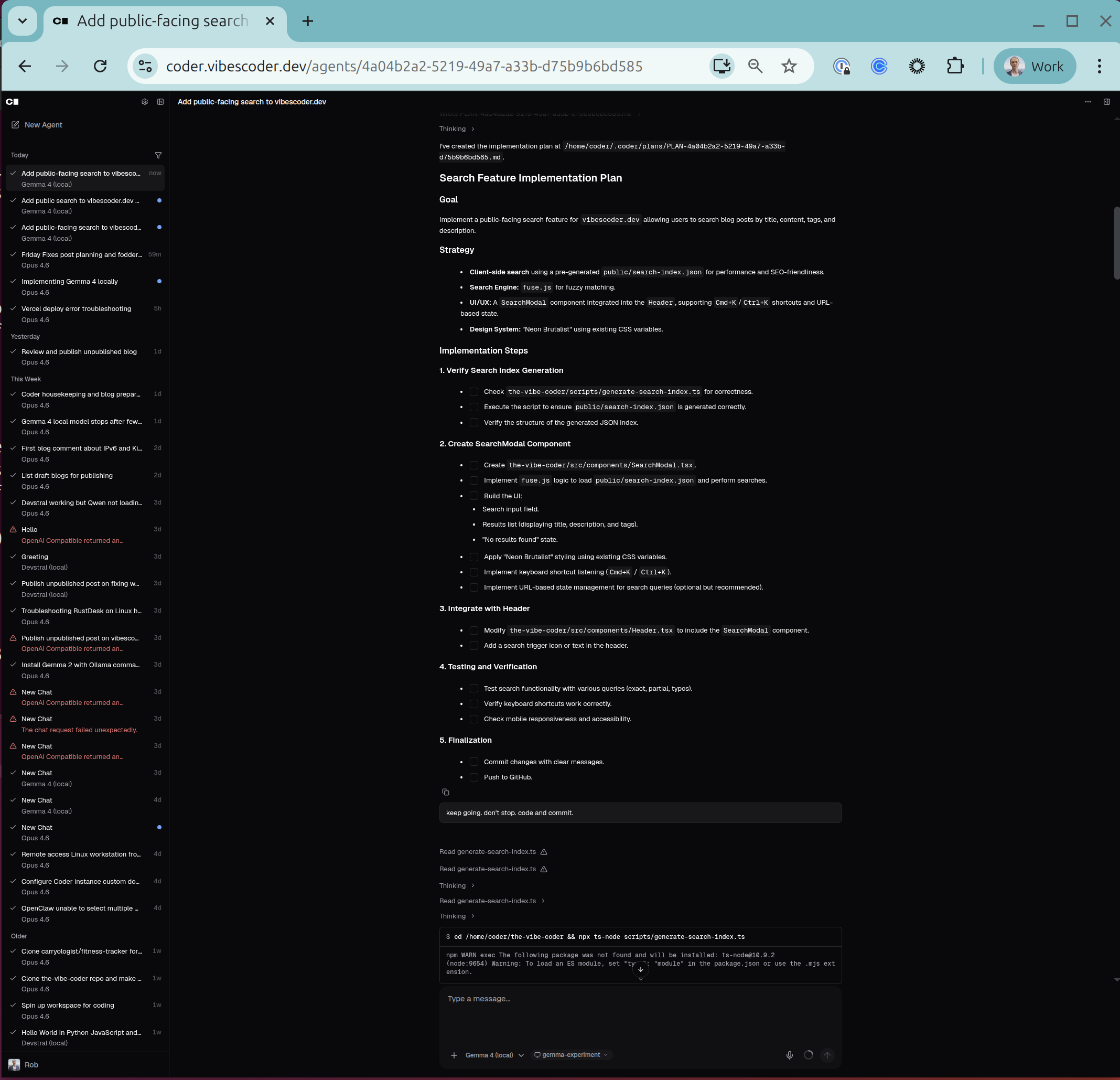 Gemma 4 in Coder Agents — laying out its search implementation plan before writing code