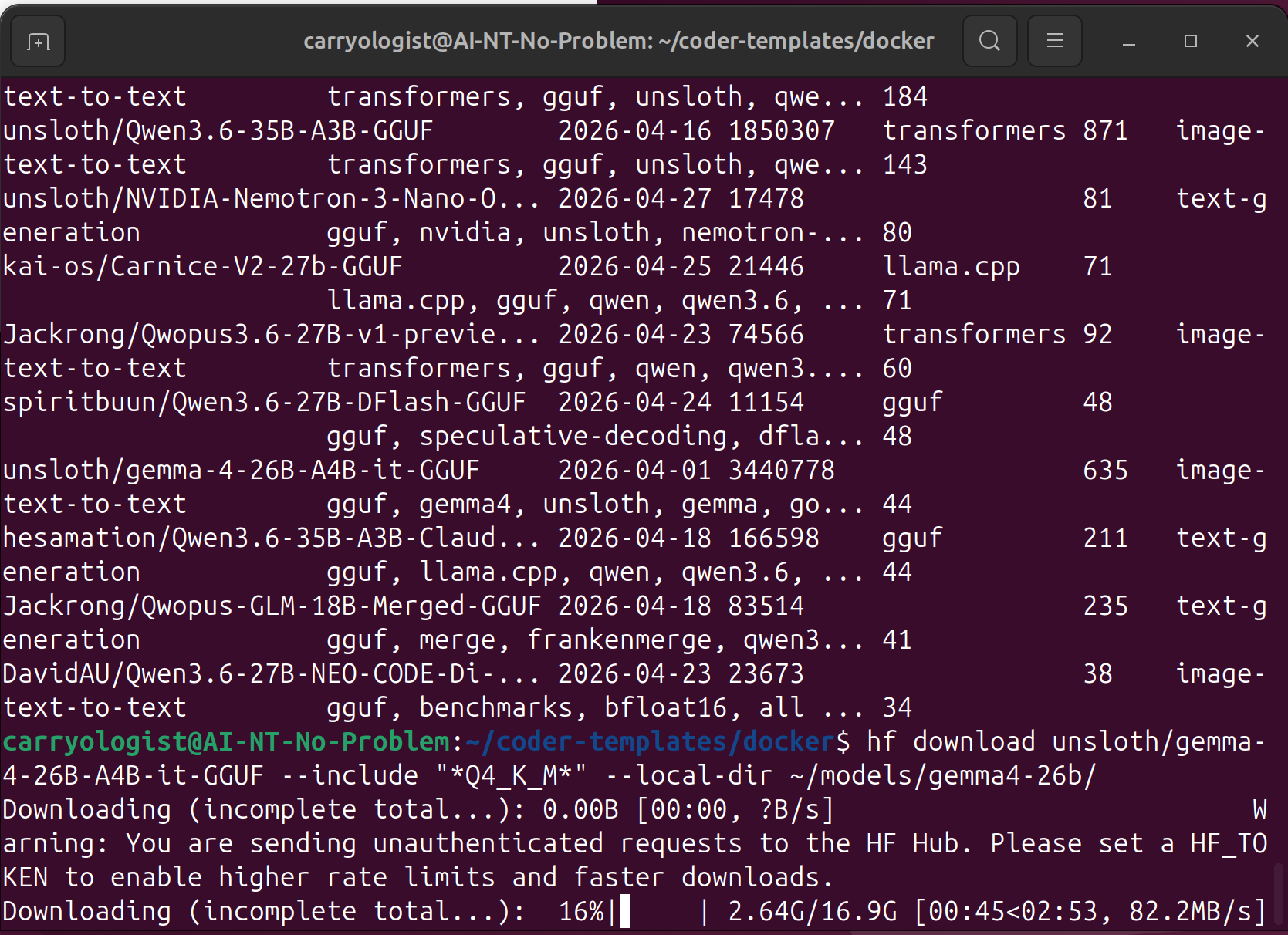 Downloading Gemma 4 26B GGUF from Hugging Face — 16.9 GB at 82 MB/s