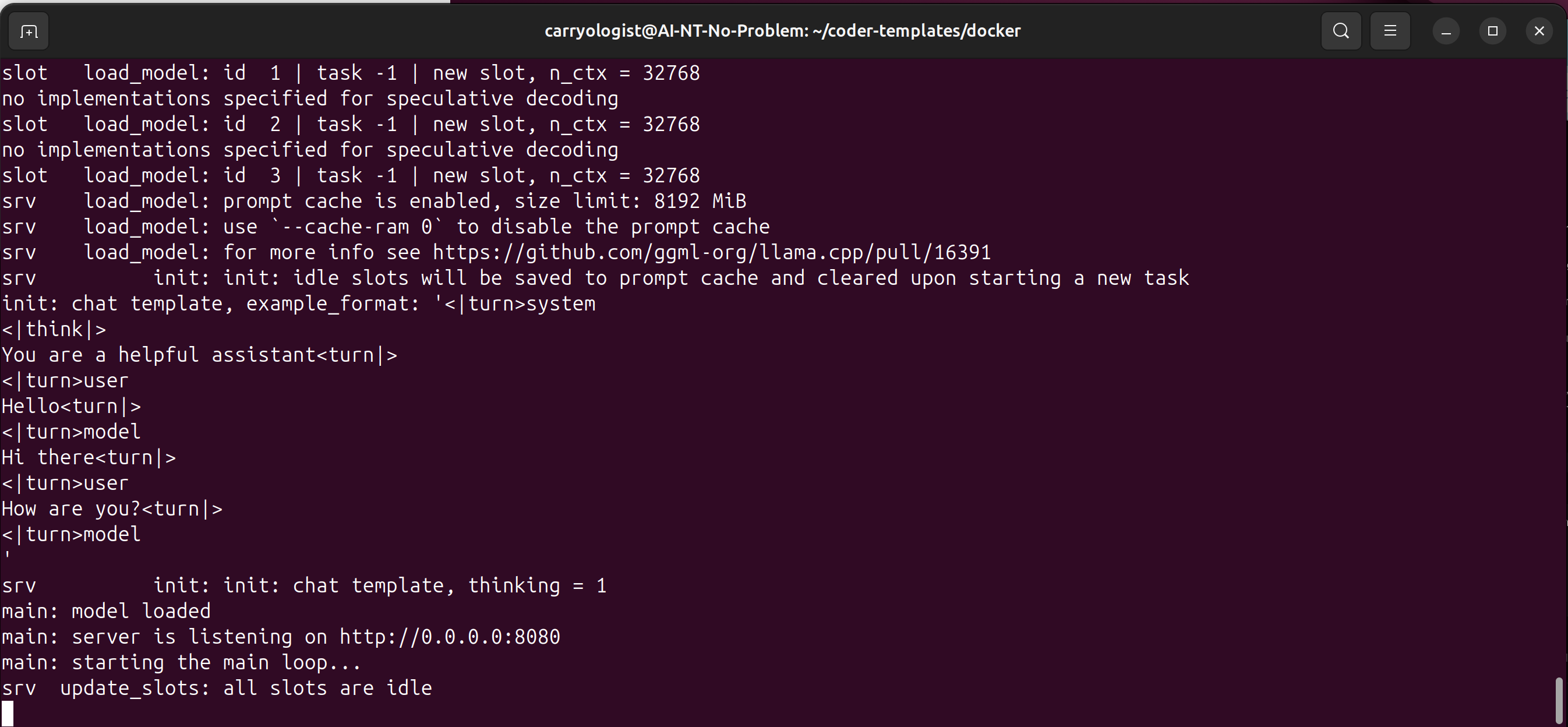 llama-server loaded with Gemma 4 — model ready, server listening on port 8080