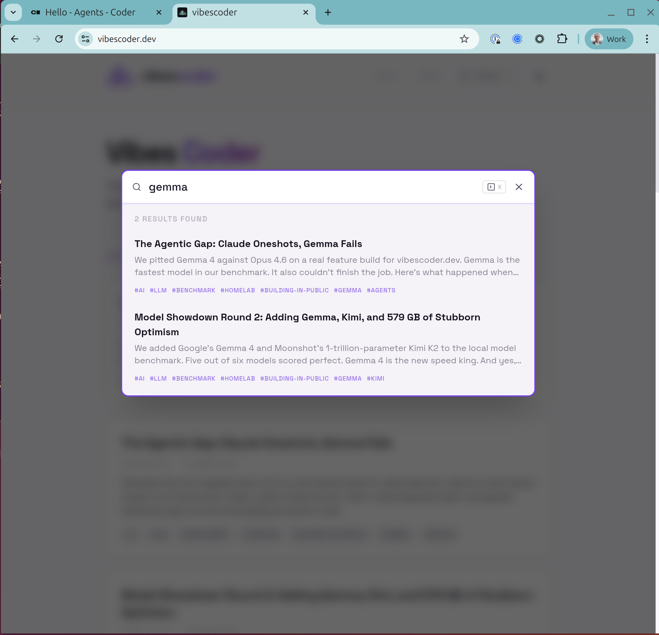 vibescoder.dev homepage with the search feature now live