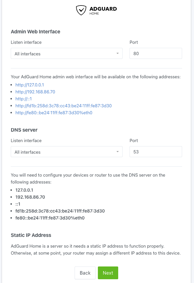 AdGuard Home admin interface setup screen
