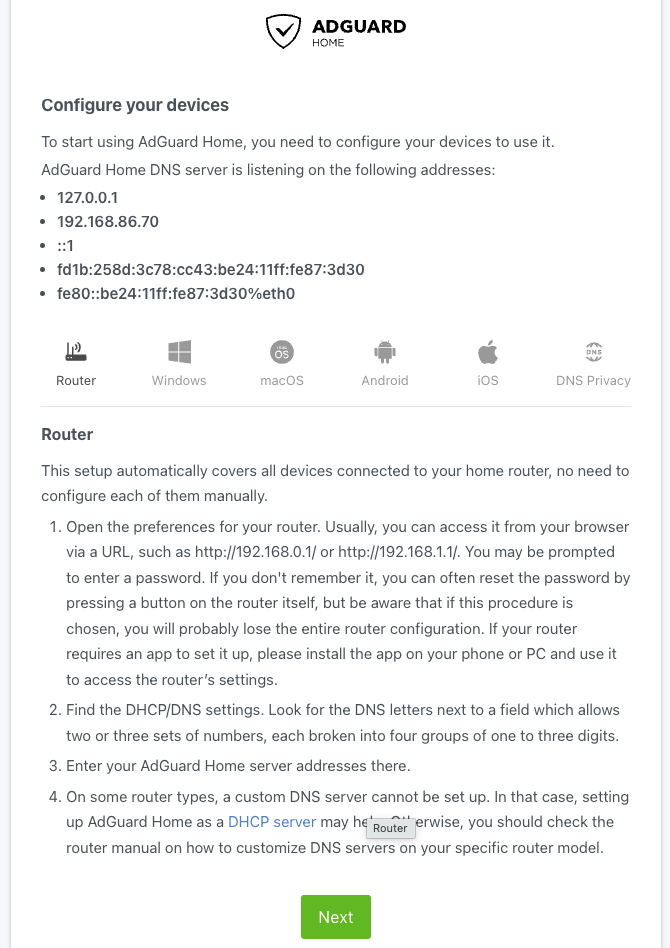 AdGuard Home warning about needing a static IP address
