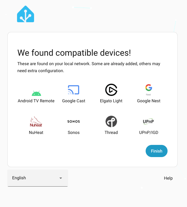Home Assistant discovered devices screen showing Nest, Sonos, Elgato, and more