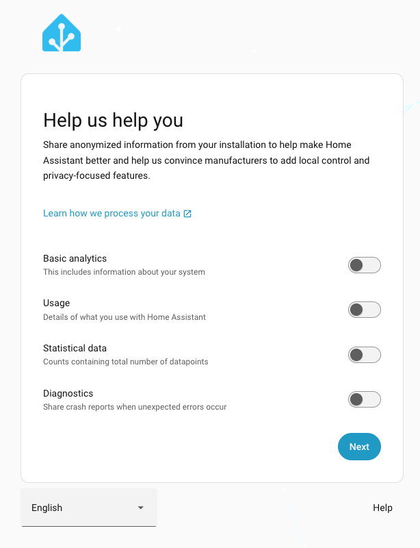 Home Assistant onboarding screen with analytics toggles all off