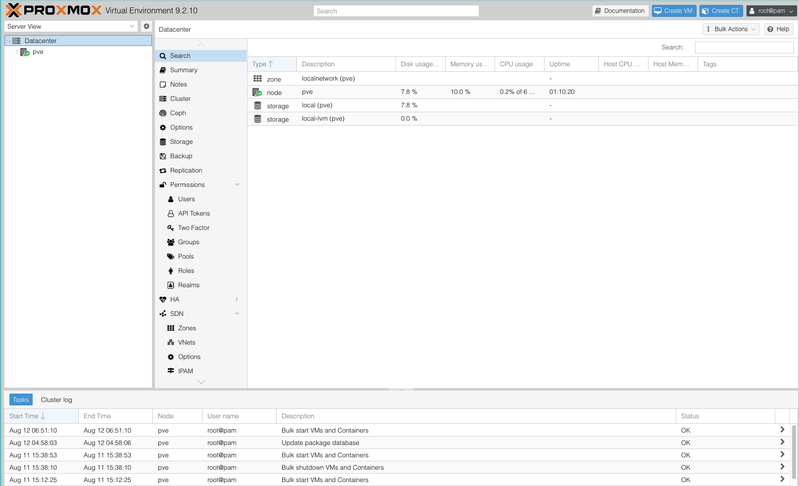 Proxmox web UI dashboard for the running node