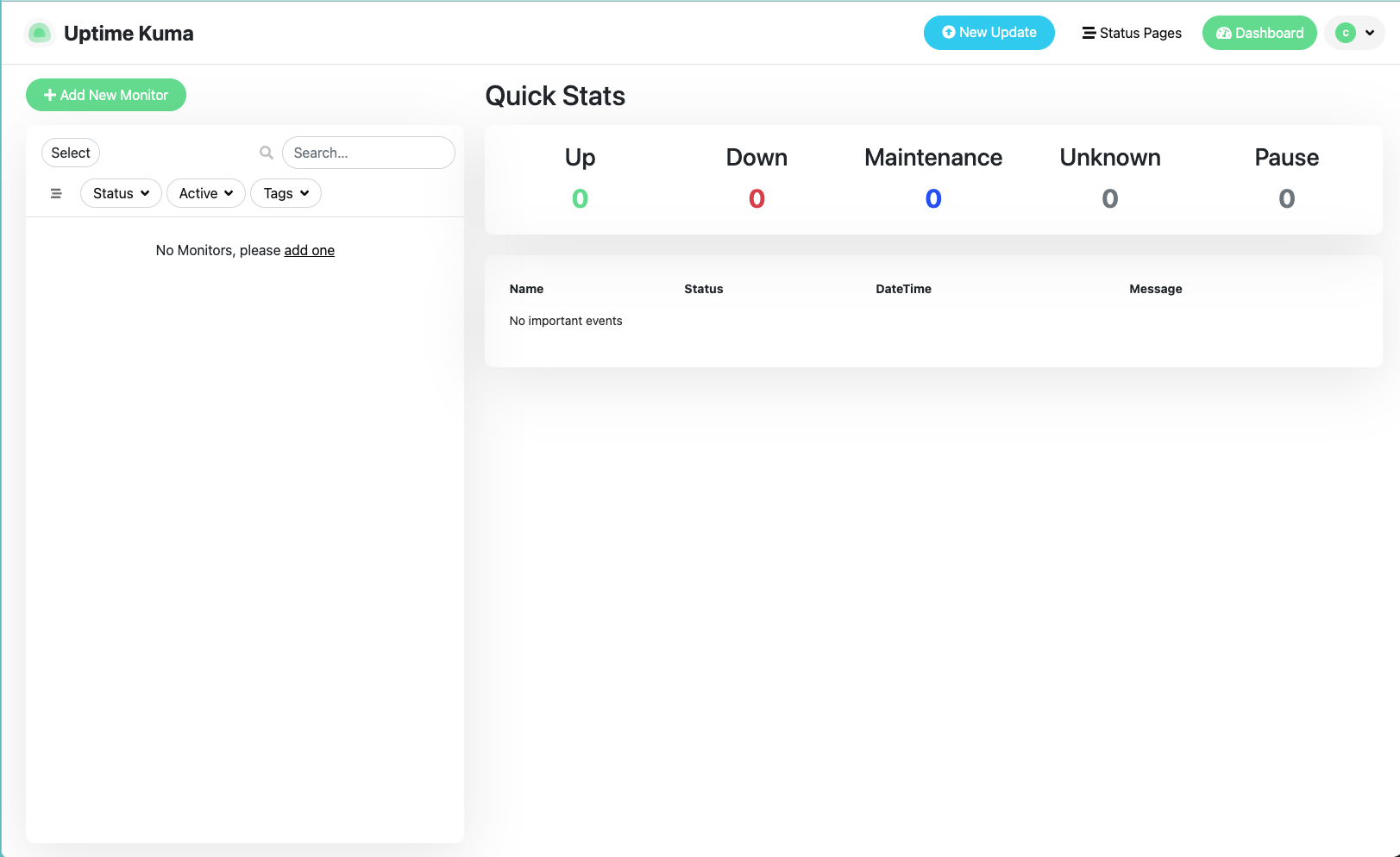 Uptime Kuma dashboard after initial setup
