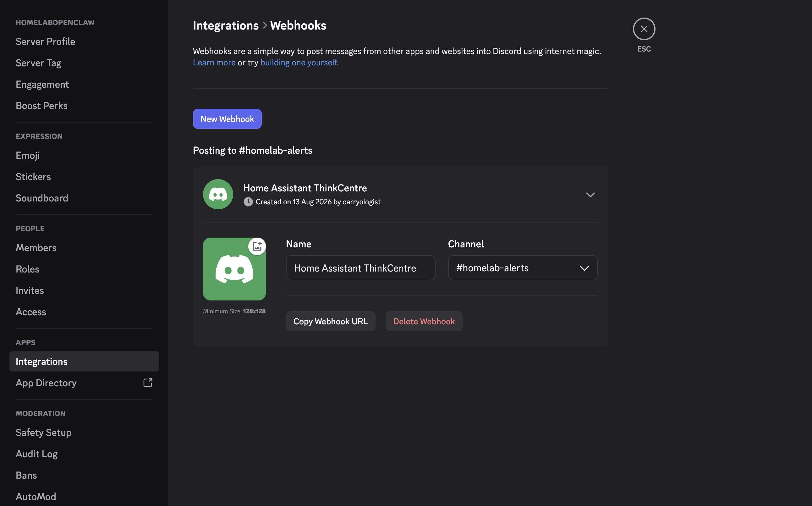 Creating a Discord webhook for the #homelab-alerts channel