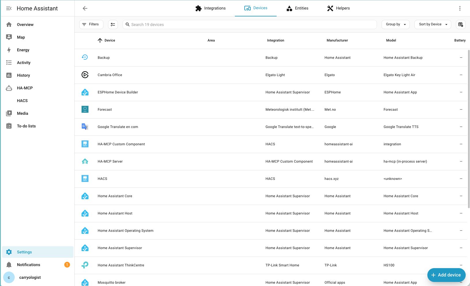 Home Assistant's devices list showing HACS, ha-mcp, Mosquitto, ESPHome, and the rest of tonight's additions