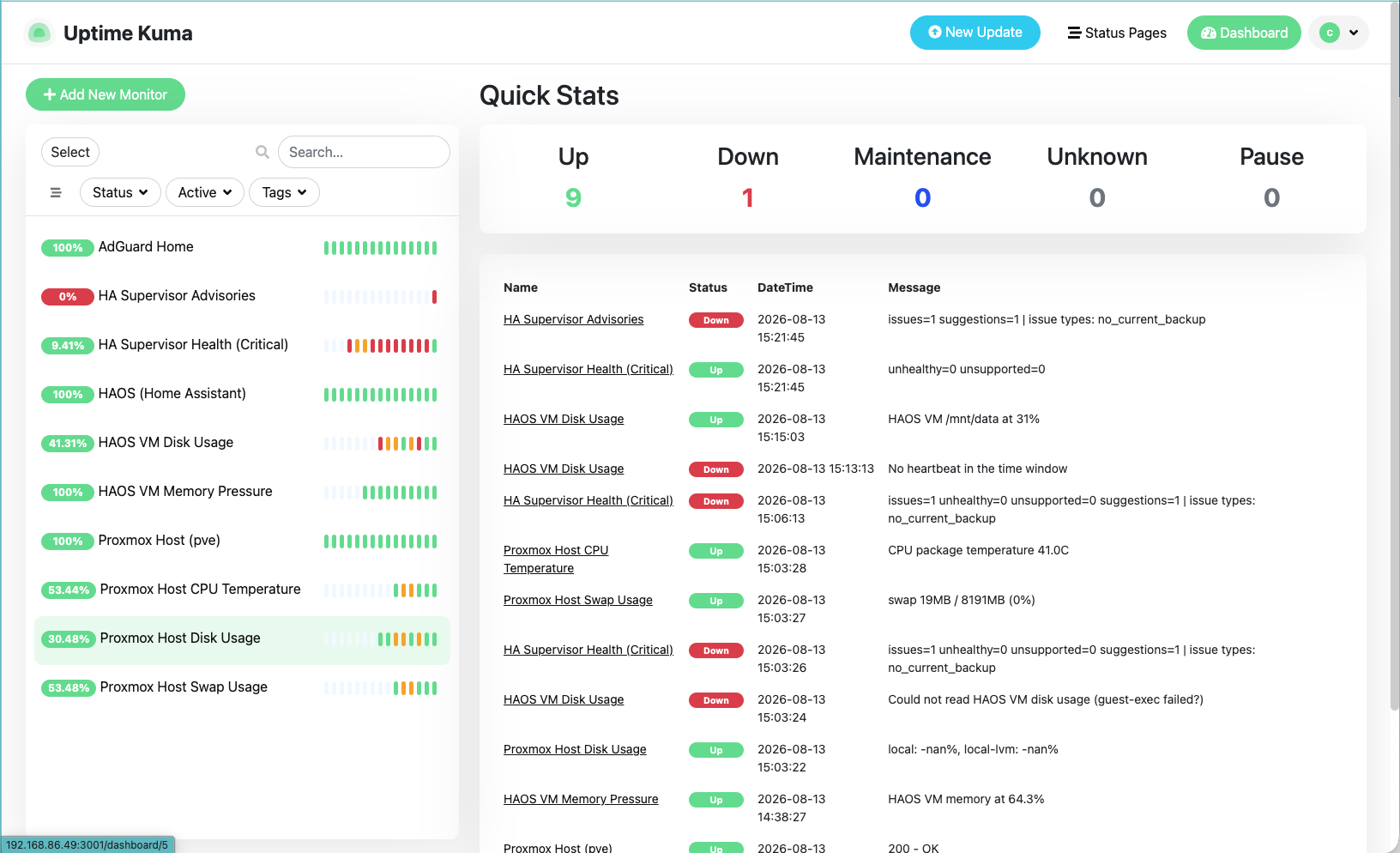 Uptime Kuma mid-debugging, showing a real "-nan%" bug and a guest-exec failure