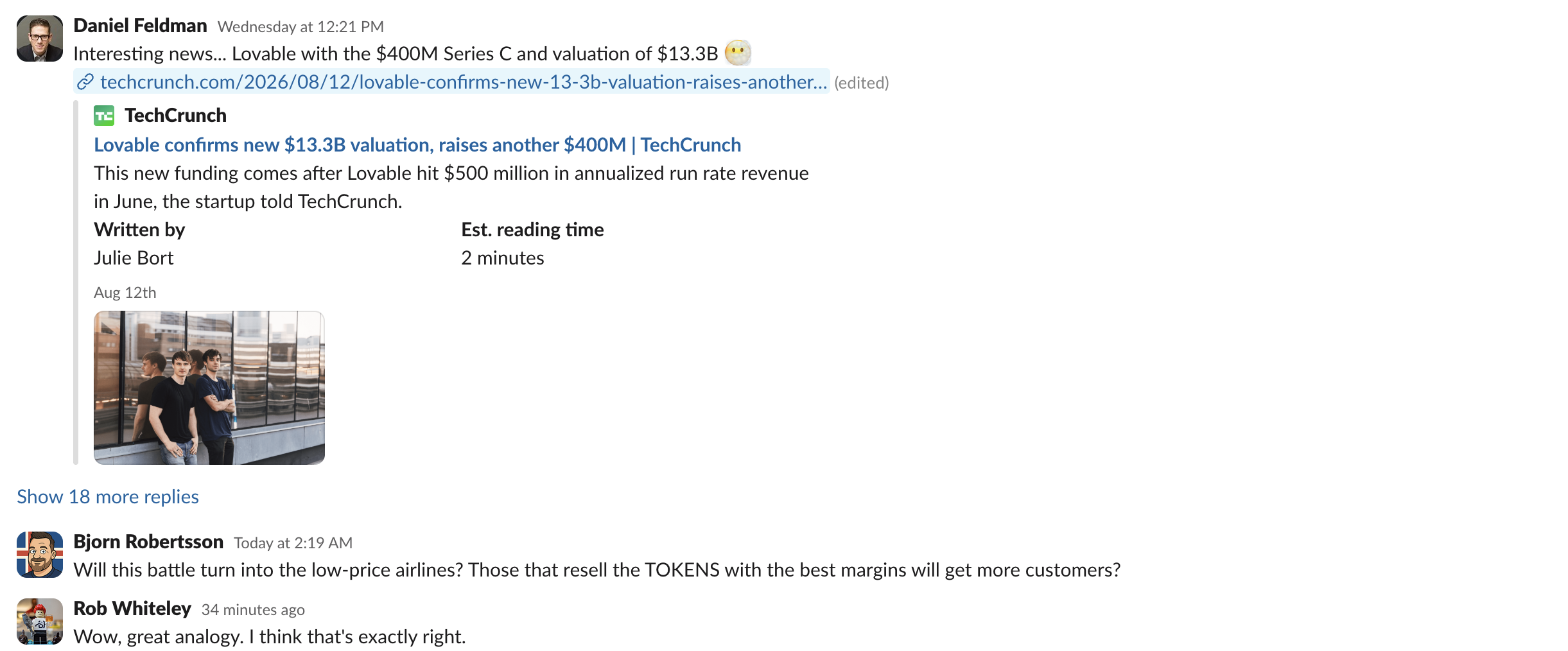 A Slack thread: Daniel Feldman shares a TechCrunch article on Lovable's $13.3B valuation, a "Show 18 more replies" link, then Bjorn Robertsson asking whether the token price war will play out like low-cost airlines, and Rob Whiteley agreeing it's exactly right