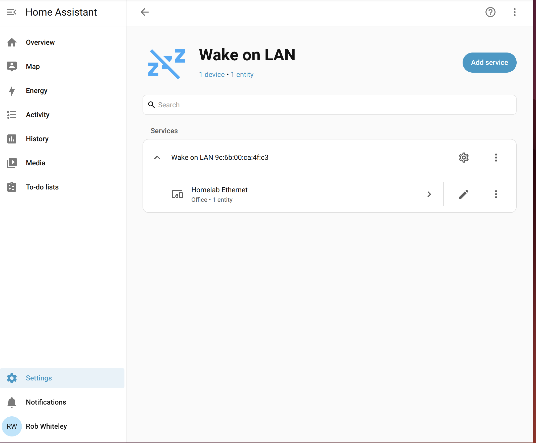 HA Wake on LAN integration with Homelab Ethernet device