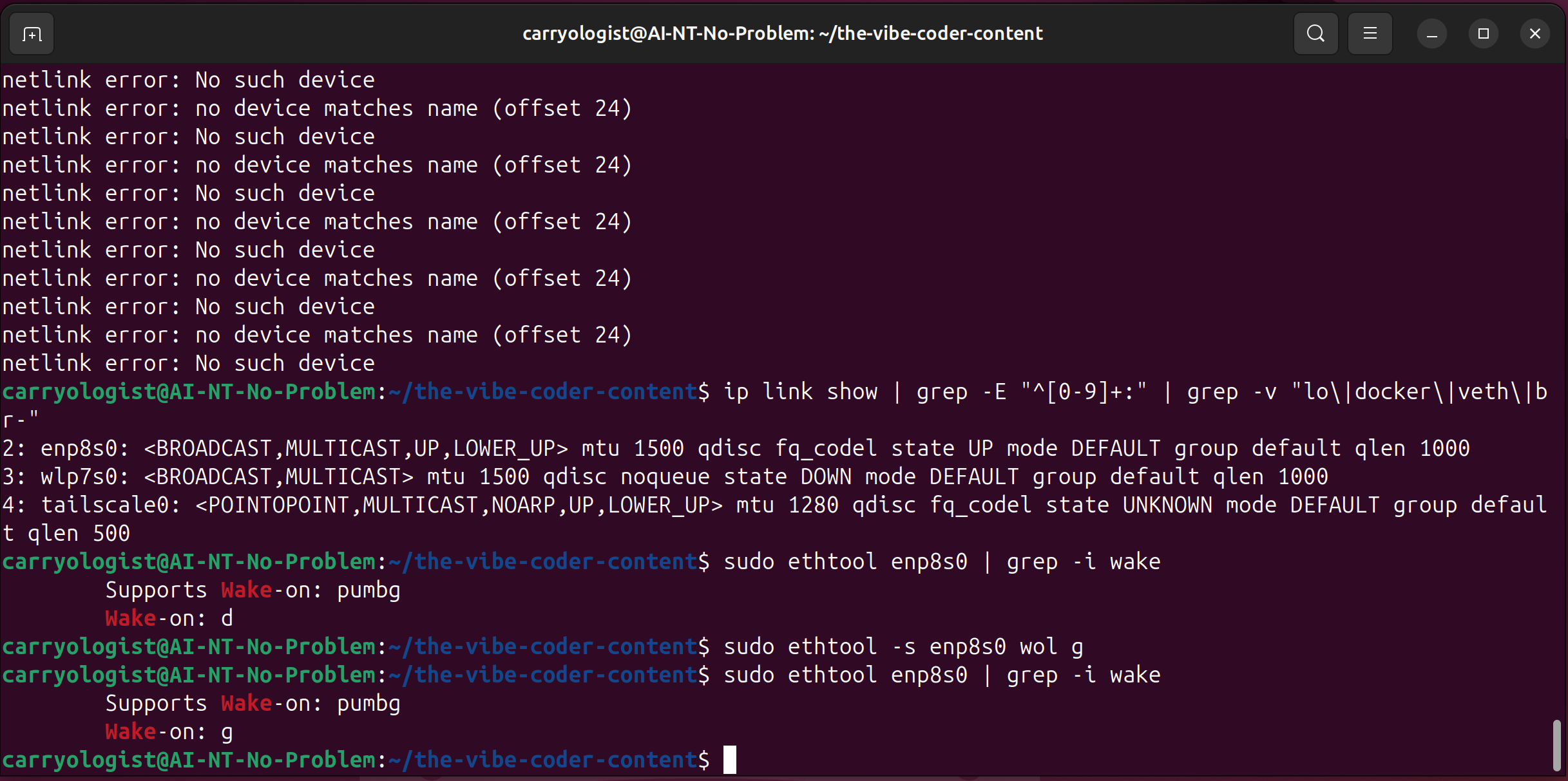 netlink errors from wrong interface name