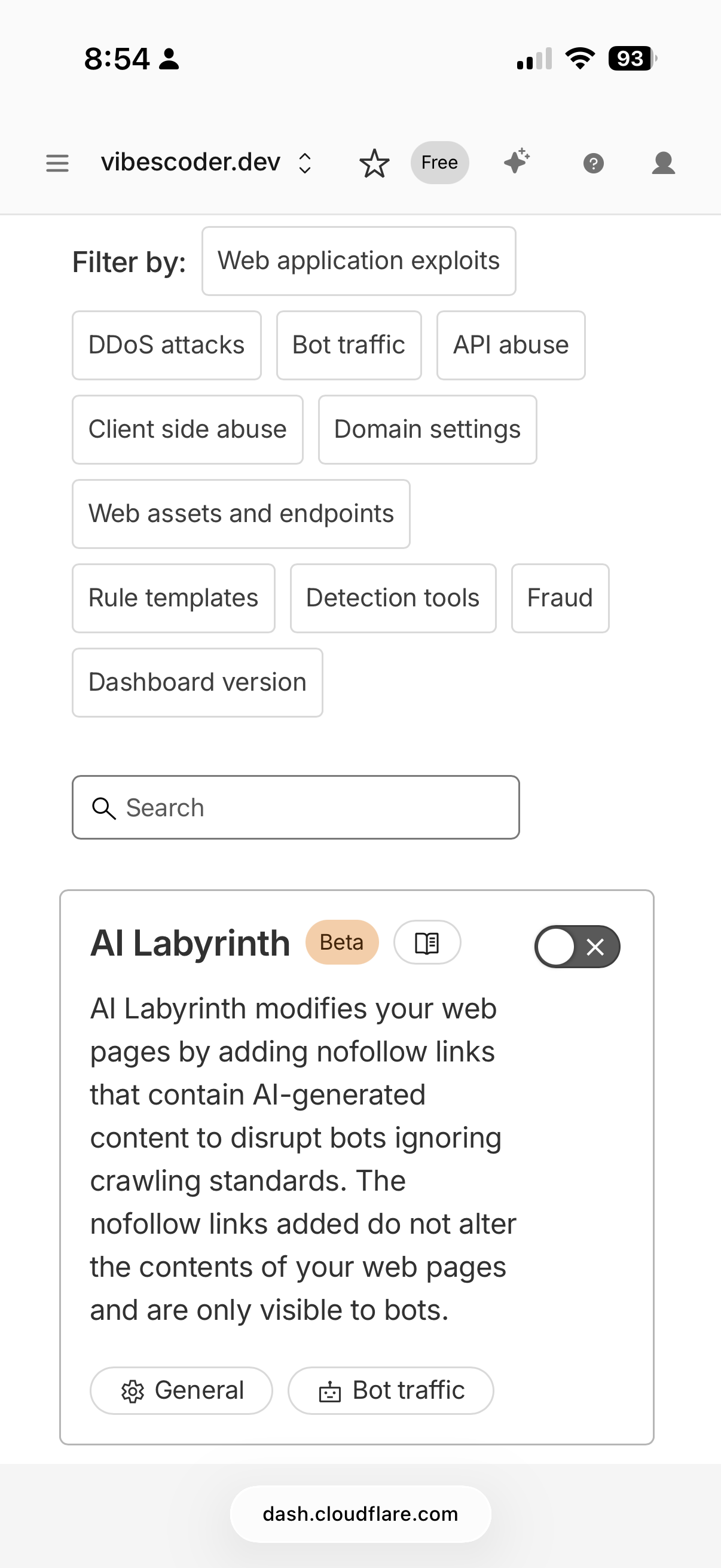 Cloudflare AI Labyrinth setting toggled off