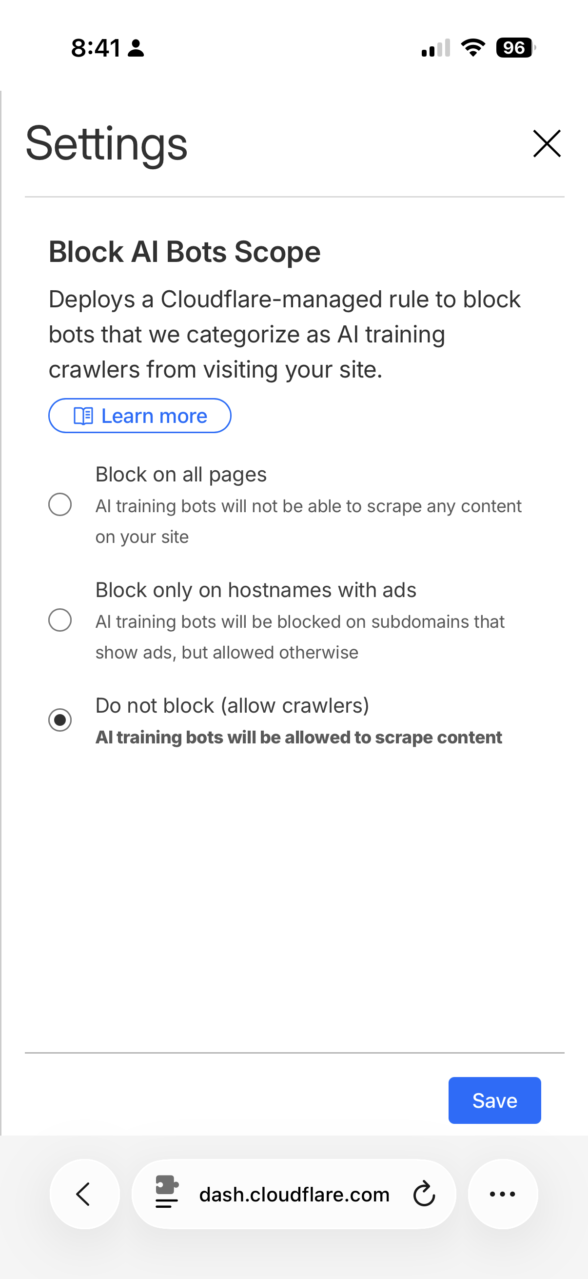 Cloudflare Block AI Bots Scope set to Do not block