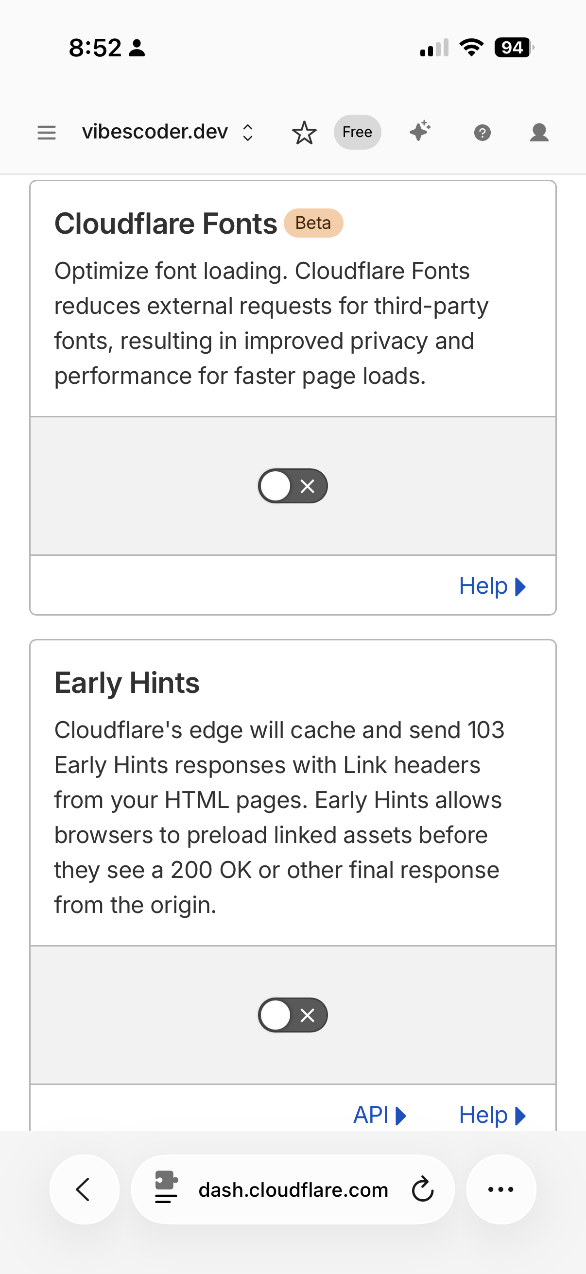 Cloudflare Early Hints and Fonts settings