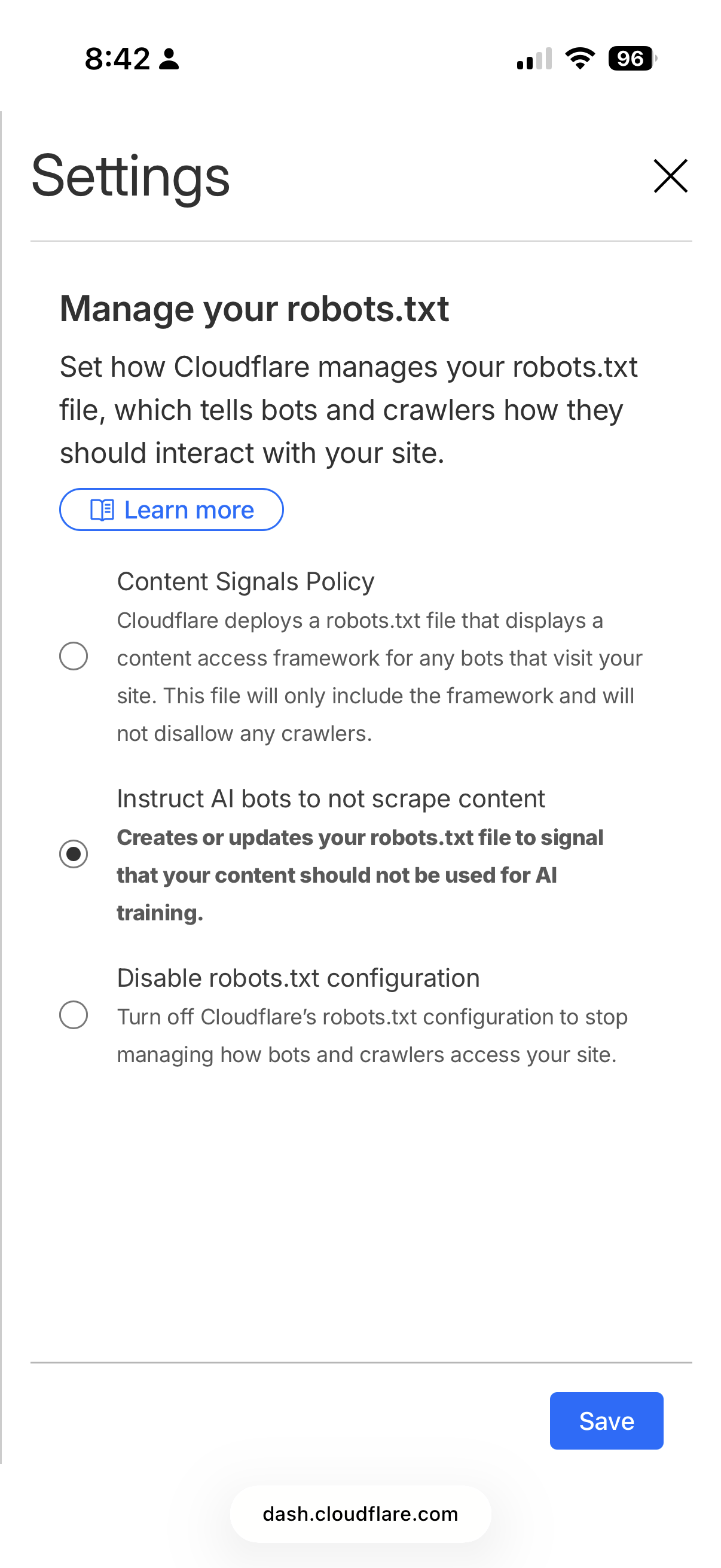 Cloudflare dashboard showing the Manage your robots.txt setting set to Instruct AI bots to not scrape content