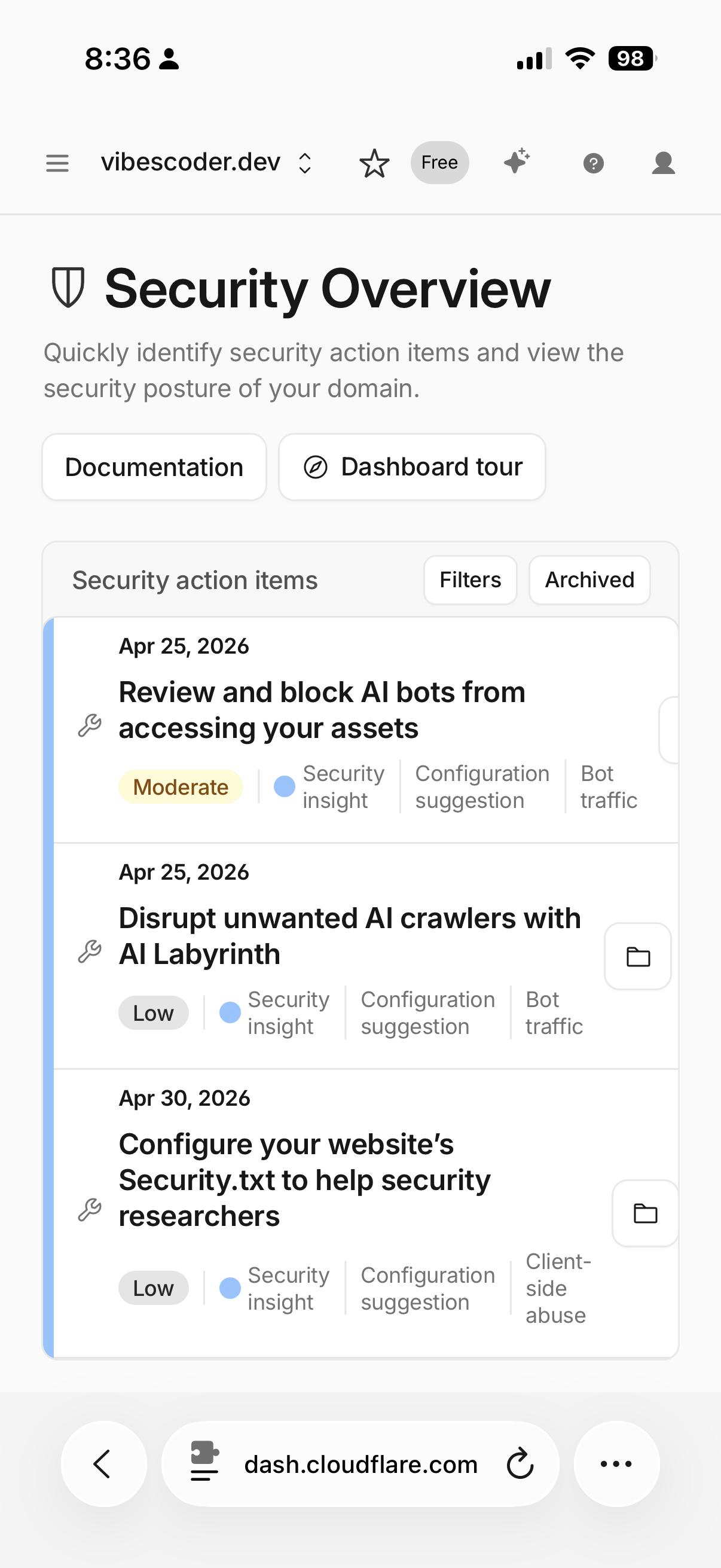 Cloudflare Security Overview showing three AI-related action items