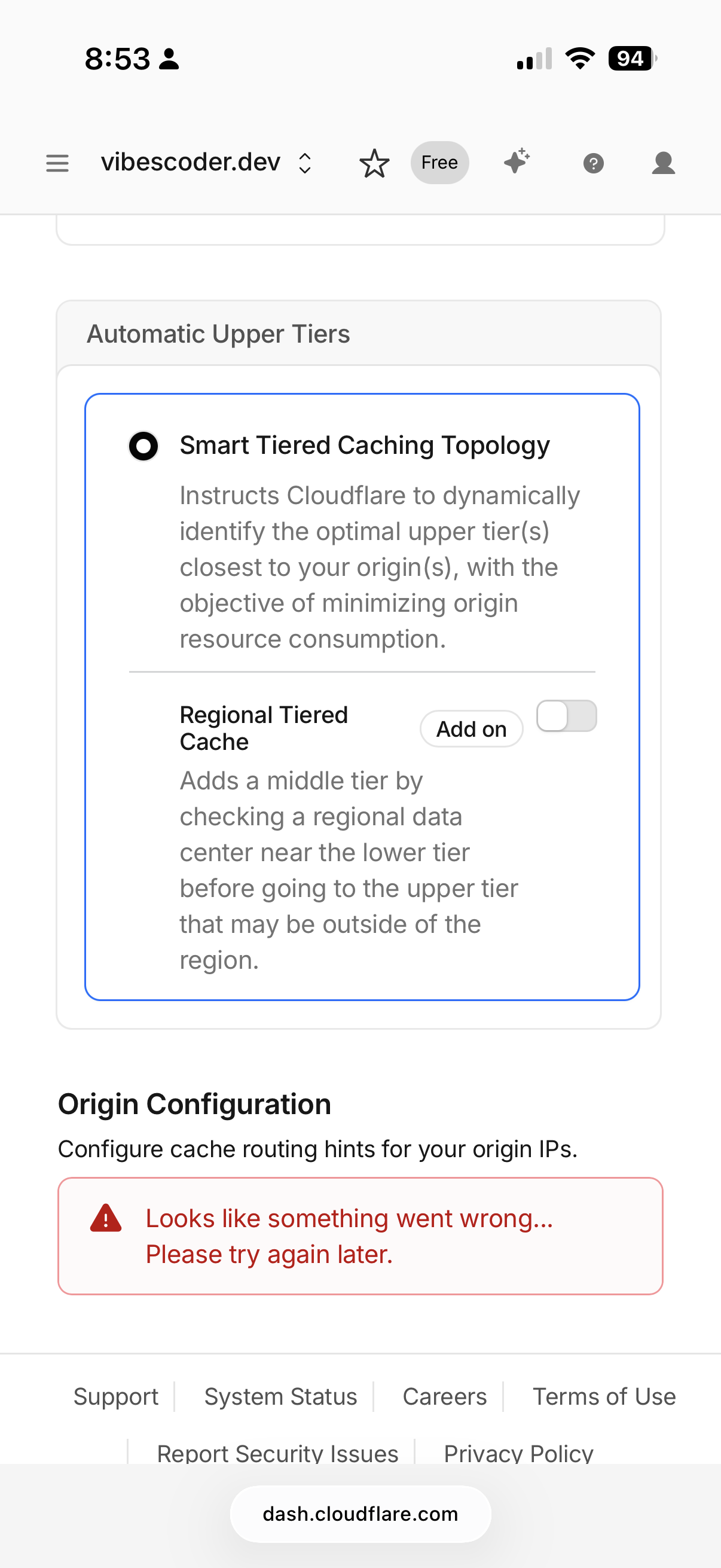 Cloudflare Smart Tiered Caching Topology selected
